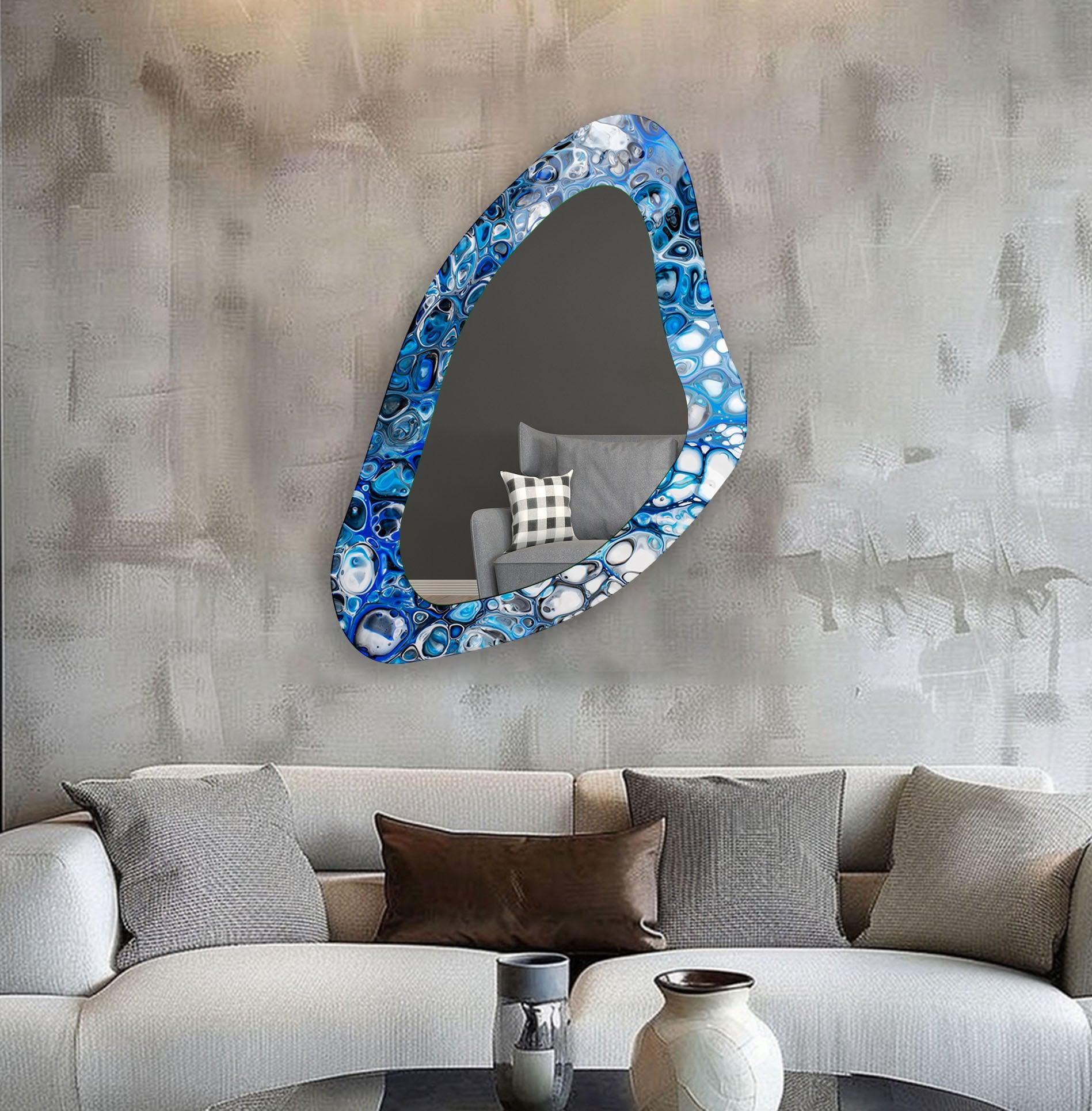 Blue Watercolor Decorative Glass Wall Mirror - Handmade Boho Style Round Mirror for Living Room, Bedroom & Bathroom Decor - Perfect for Home, Office or Gift Giving