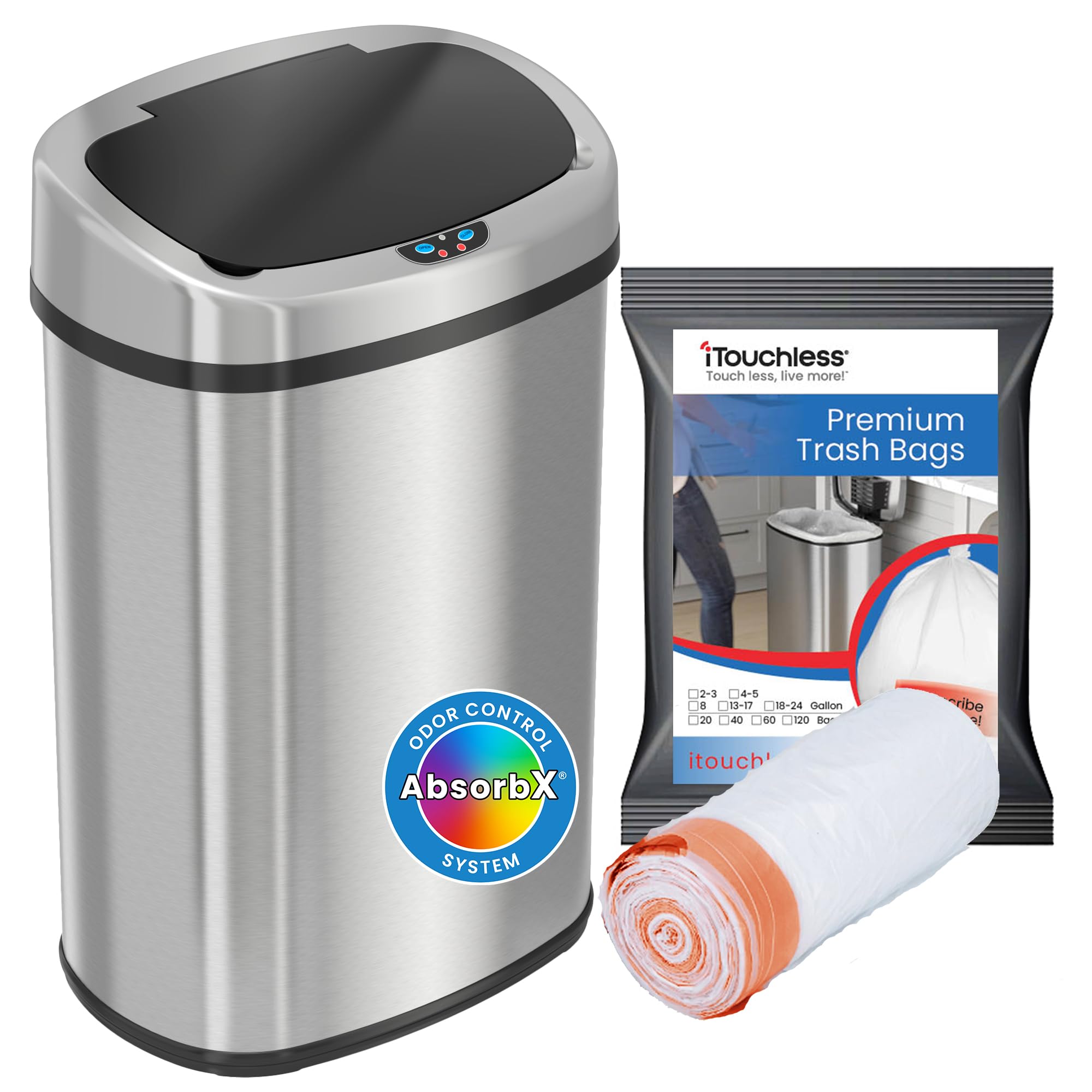 iTouchless 13 Gallon Automatic Sensor Trash Can with Odor Control - Stainless Steel Kitchen Garbage Bin with Wide Lid Opening & 20 Premium Bags - Perfect for Home, Office, and Restaurant Use