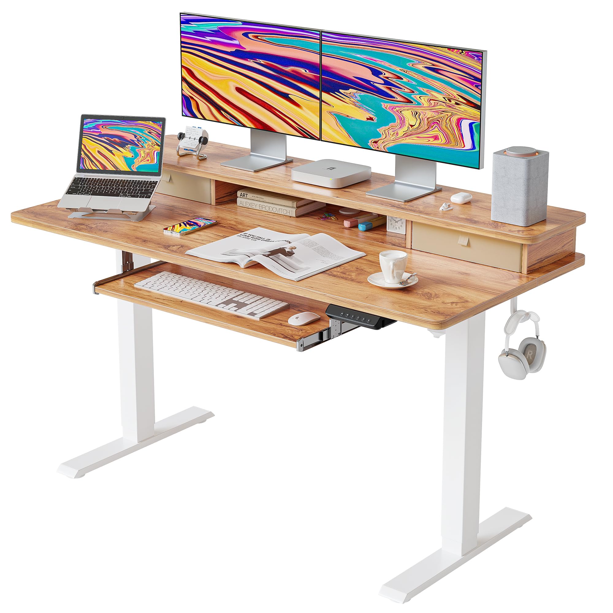 FEZIBO Solid Wood Standing Desk with Drawers - 55 x 24 Inch Adjustable Height Computer Desk with Keyboard Tray & Storage Shelf - Light Rustic Finish for Home Office, Gaming & Workspace Ergonomics