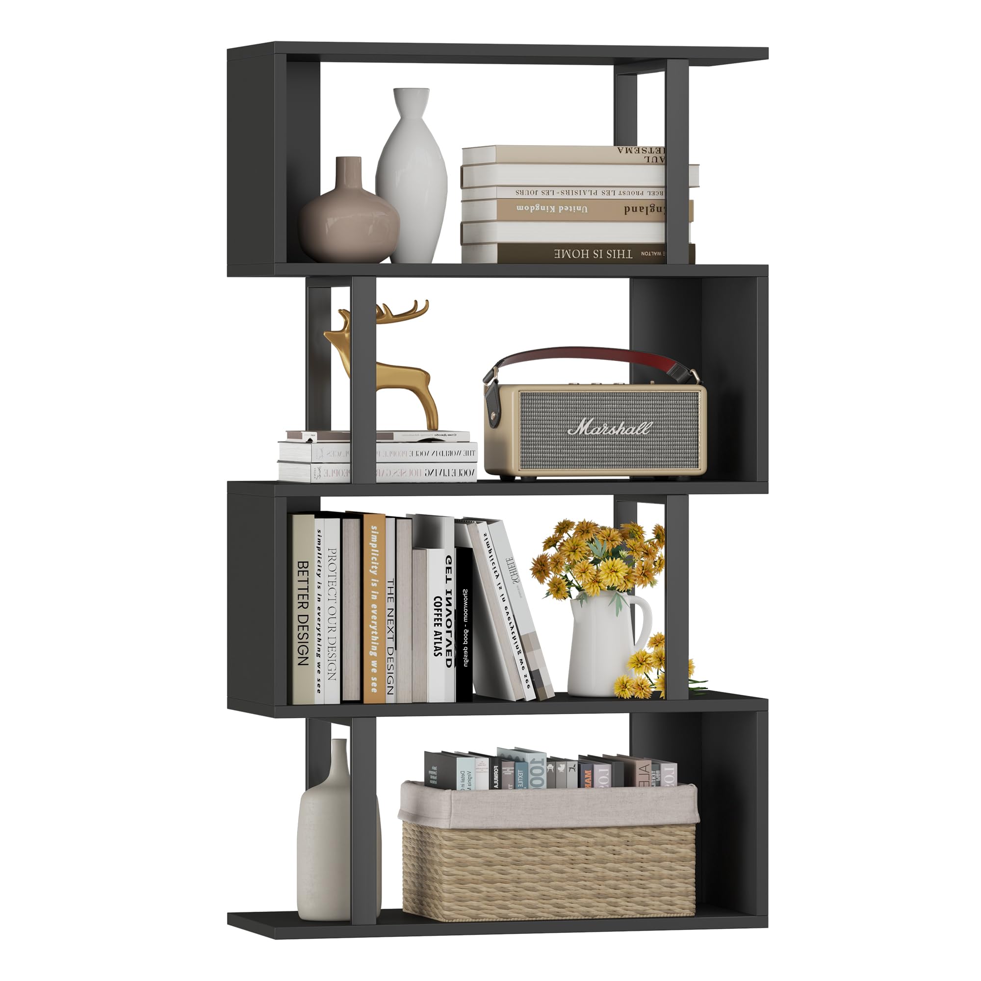 Yusong Geometric Bookcase - 4-Tier S-Shaped Bookshelf for Bedroom & Home Office, Modern Wooden Display Shelf for Books & Decor, Black - Perfect for Small Spaces & Stylish Storage Solutions