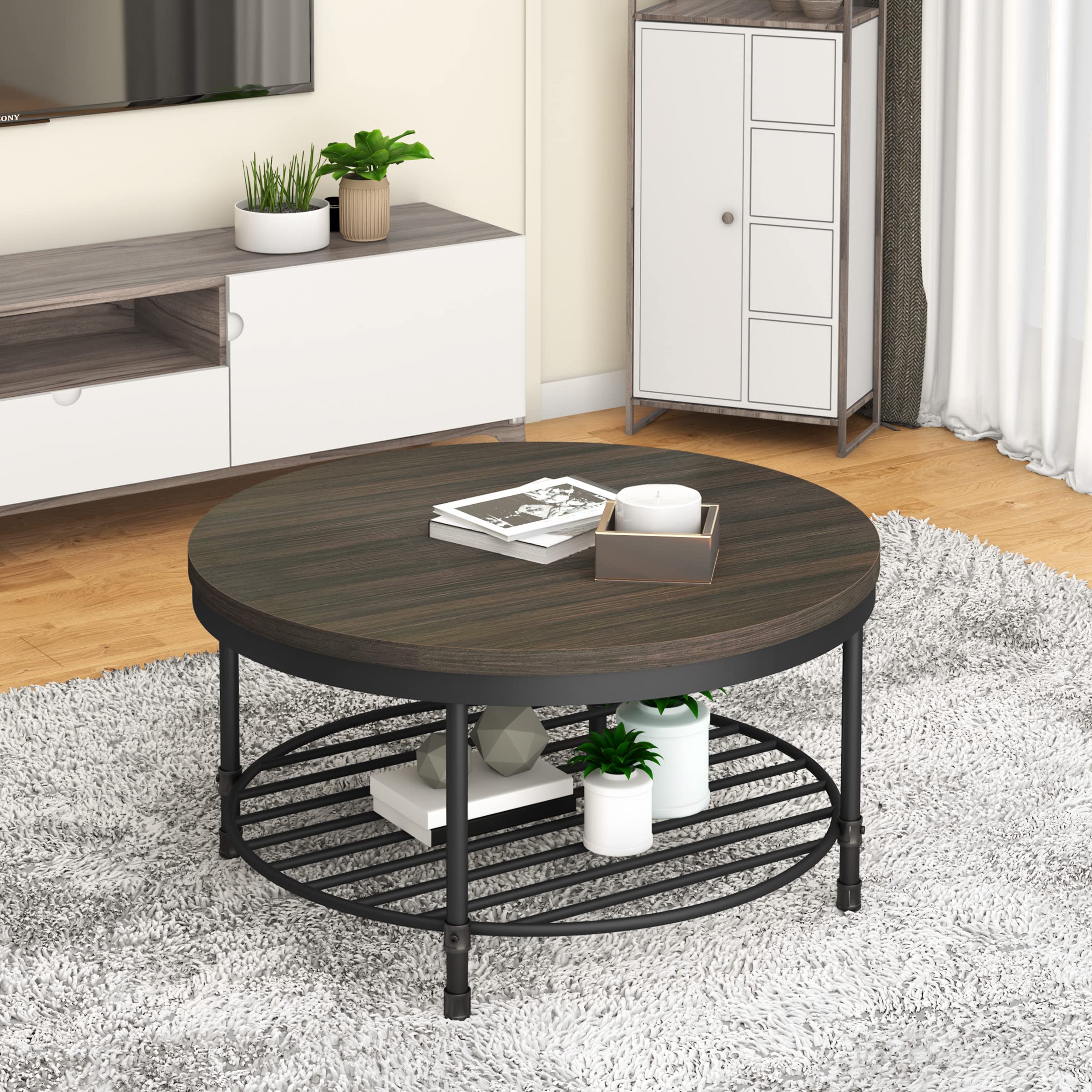 Rustic Round Coffee Table with Wood Top & Metal Legs - Industrial Sofa Table for Living Room, Modern End Table with Storage Shelf, Home Furniture (Dark Grey Brown) - Perfect for Small Spaces, Apartments, and Cozy Living Rooms