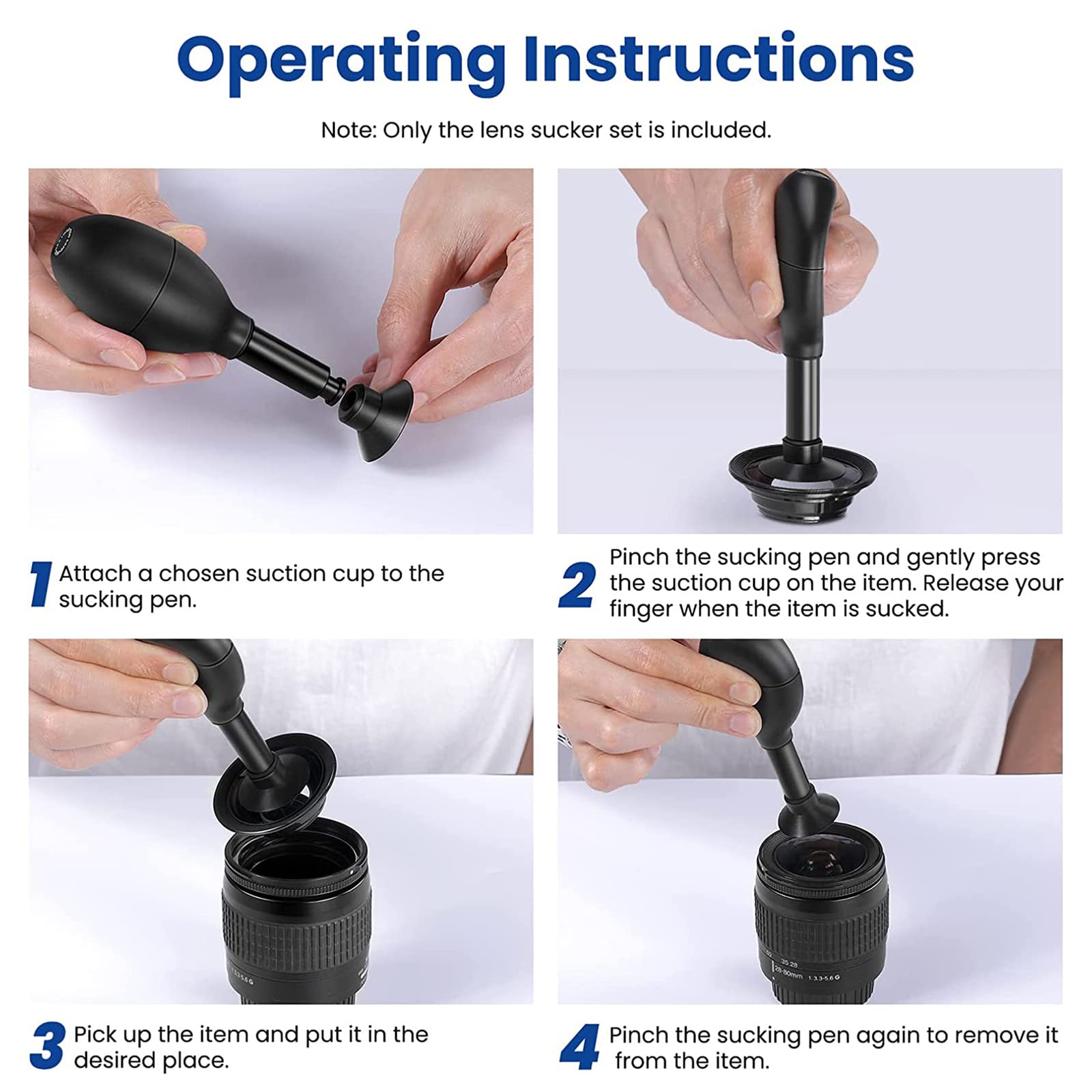 8-in-1 Lens Sucker Kit with 7 Interchangeable Strong Suction Cups - Manual Vacuum Suction Pen for Lens Repair, Watch & Electronics Cleaning - Perfect for Camera Lenses, Smartphone Screens & Small Parts Maintenance