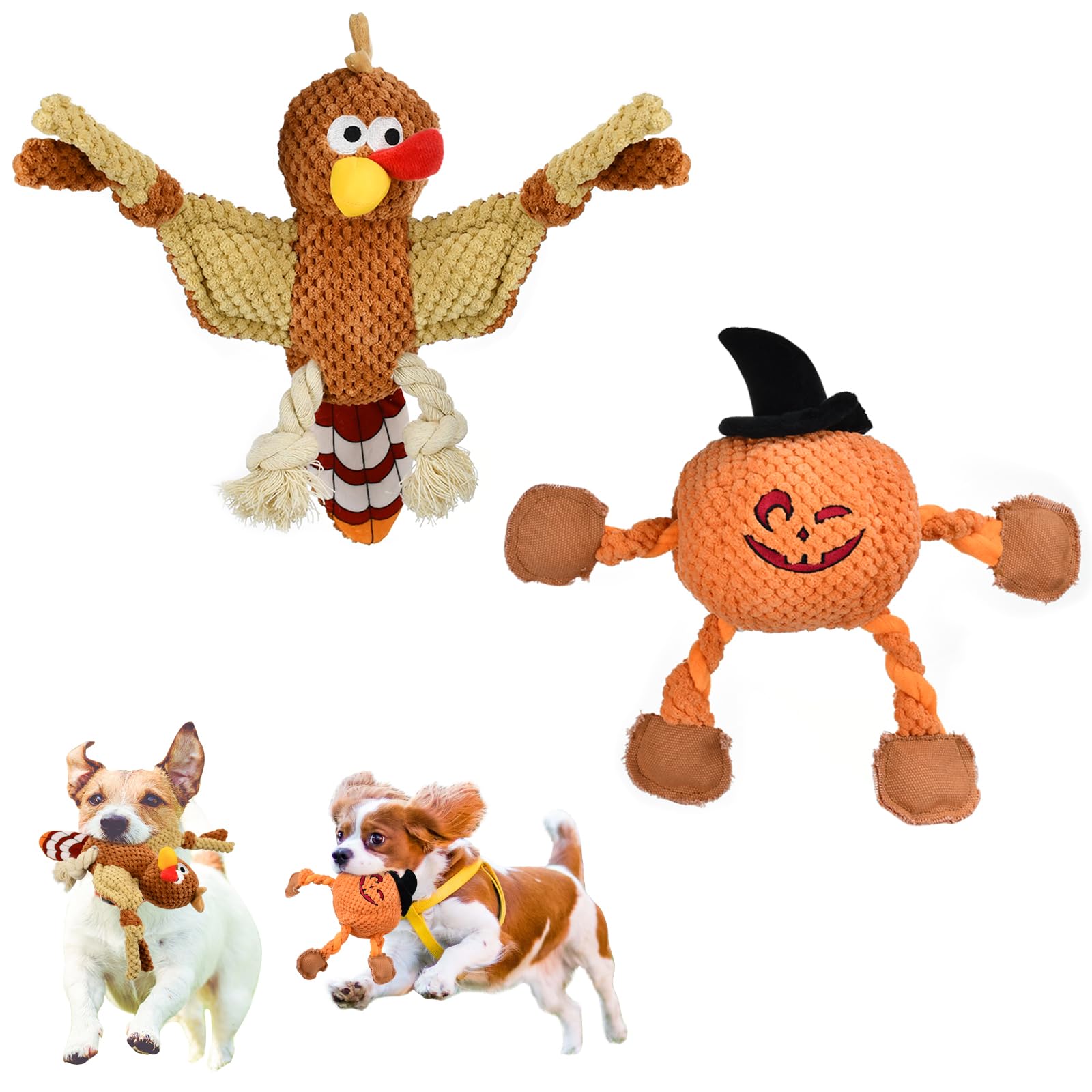 Vehomy Halloween & Thanksgiving Dog Toys - 2Pcs Squeaky Pumpkin & Turkey Chew Toys for Small to Medium Dogs - Interactive Puppy Tug of War Toy for Holiday Playtime & Training