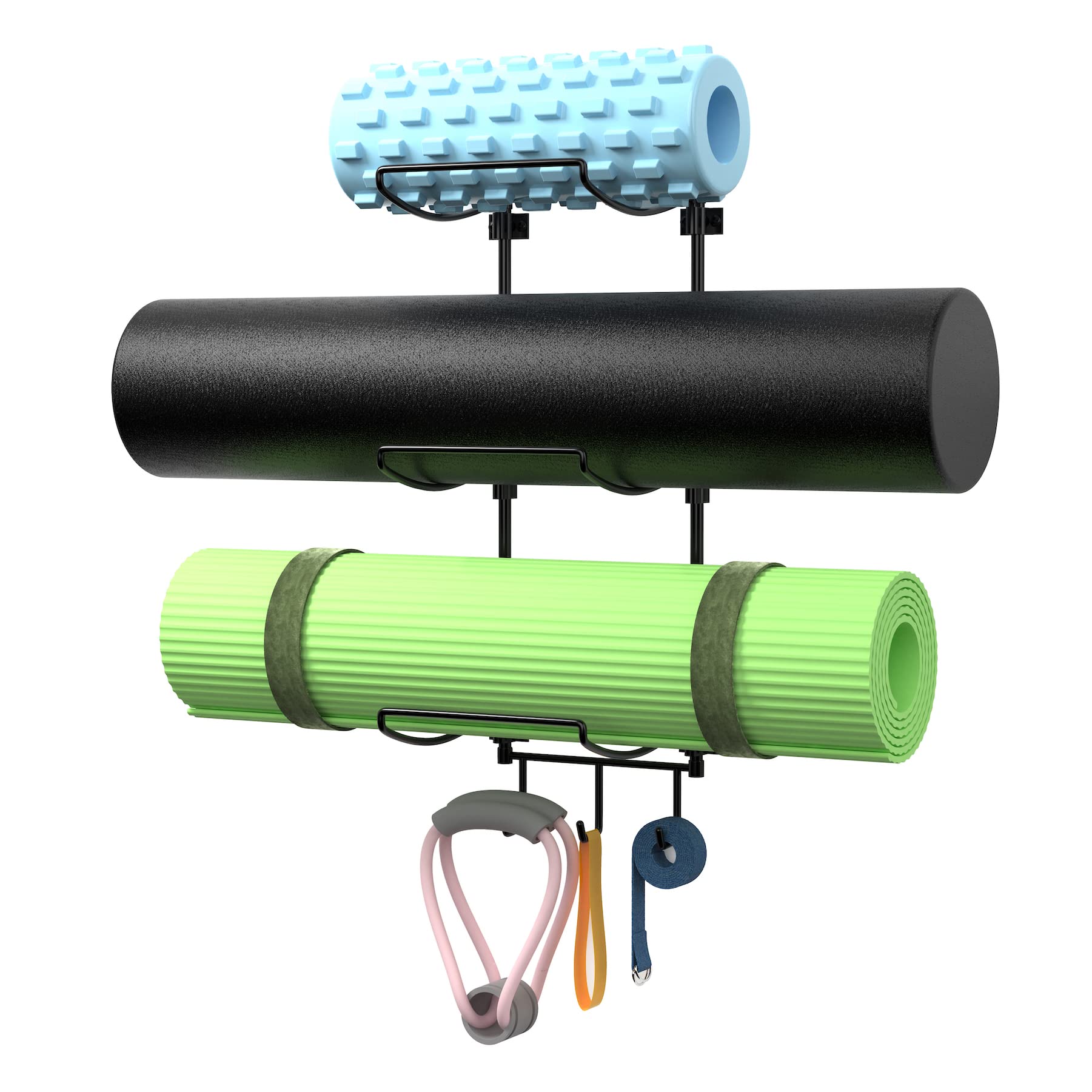 Suchek Wall Mount Yoga Mat Holder with 3 Hooks - Storage Rack for Yoga Mats, Tiles & Foam Rollers - Organize Yoga Straps, Resistance Bands - Home Gym Decor & Organization (Black) - Perfect for Yoga Studios, Home Gyms & Fitness Rooms