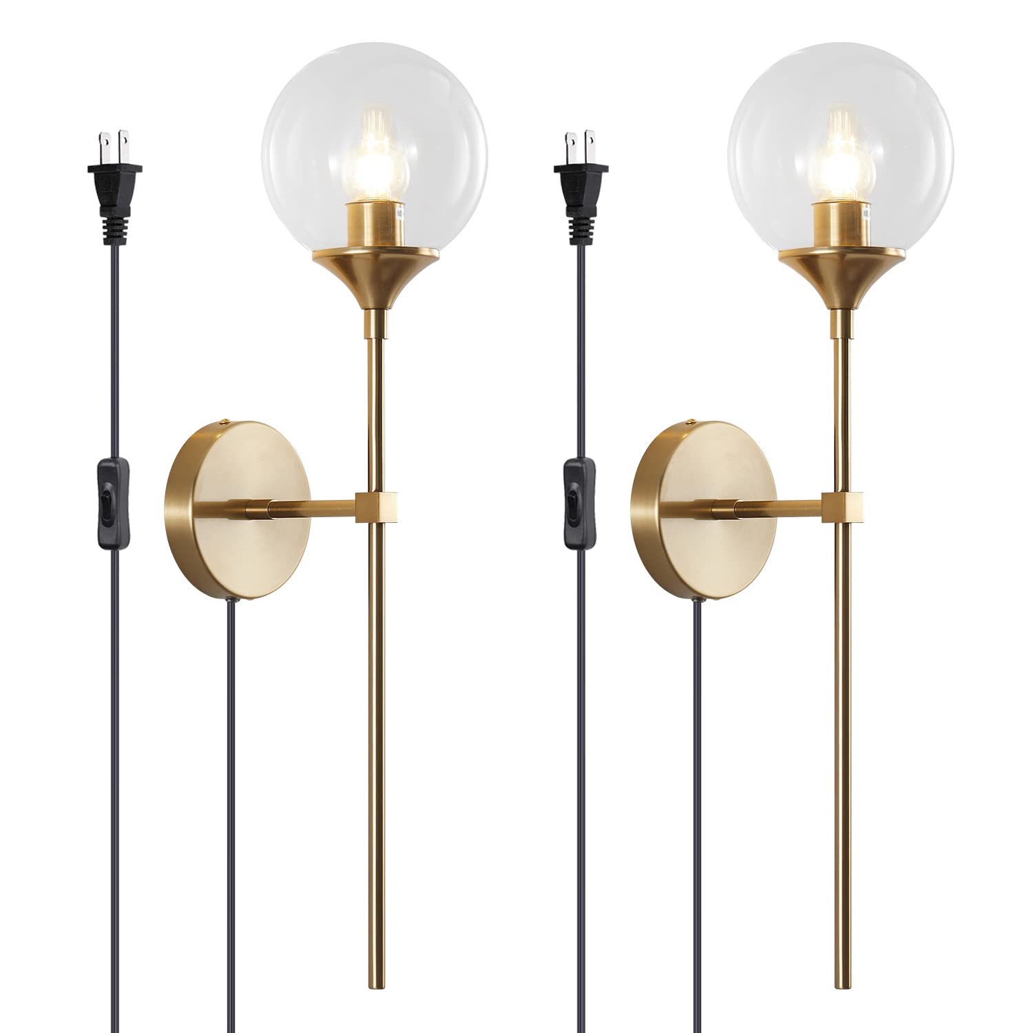 Modern Long Globe Plug-in Wall Sconce Lighting Set of 2 - Mid Century Brass Gold Wall Lamps with Clear Glass for Bathroom & Bedroom - Vintage Style Plug-in Sconces for Home Decor, Hallway, and Living Room Lighting