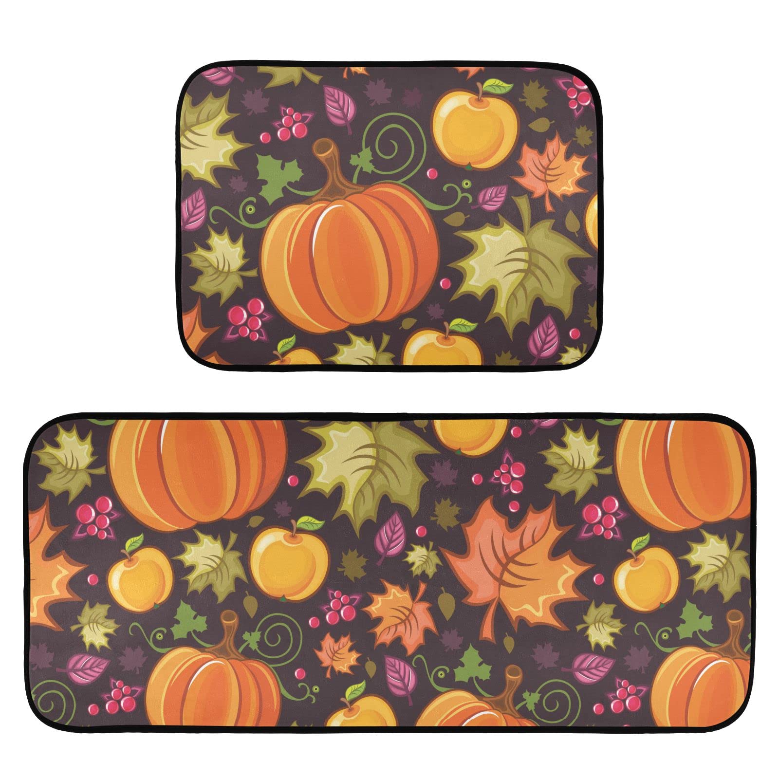 Autumn Pumpkin Kitchen Mat Set of 2 - Non-Slip Anti-Fatigue Cushioned Foam Rugs - Washable Farmhouse Style Standing Mats for Kitchen, Laundry & Entryway - Perfect for Fall Decor and Comfortable Cooking
