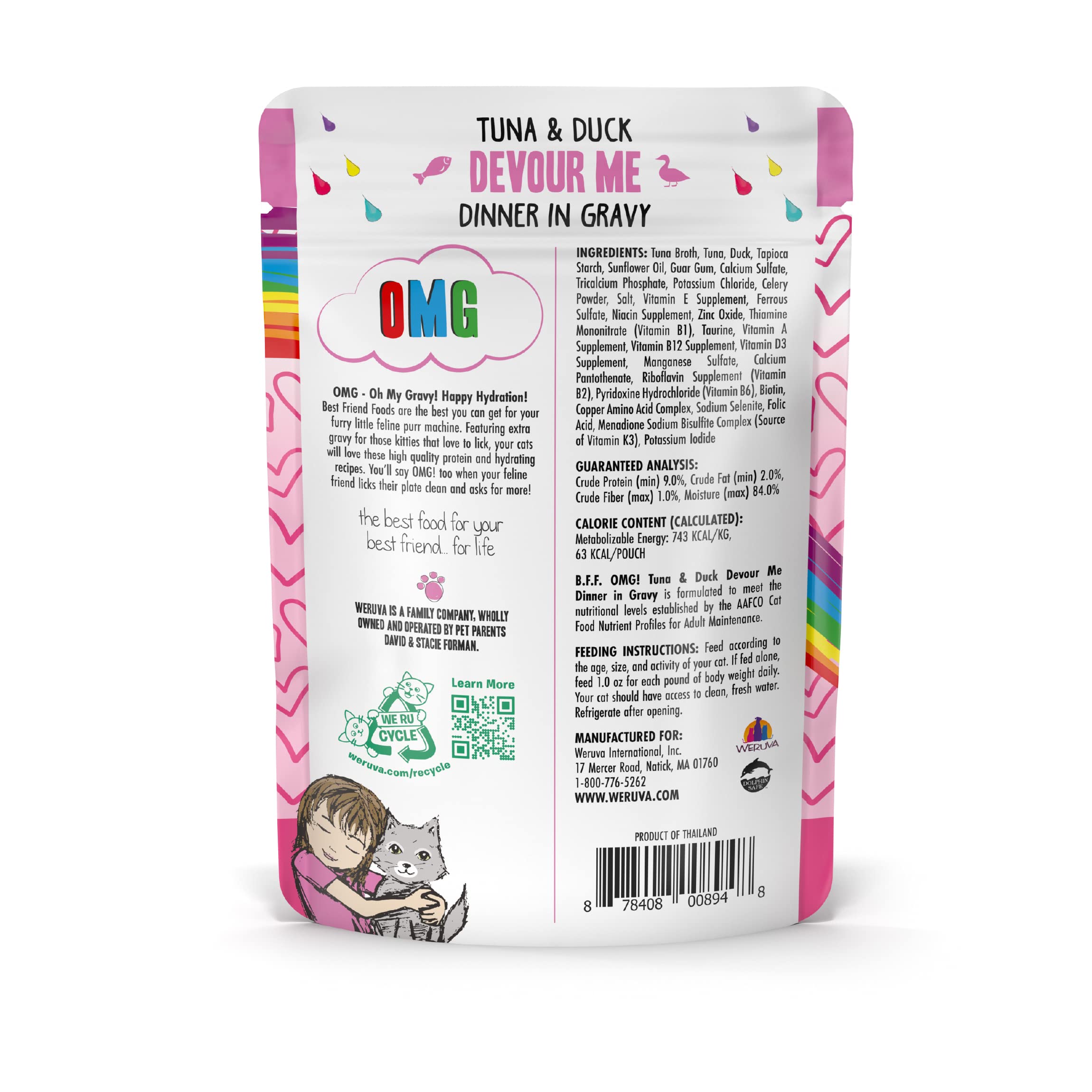 Weruva B.F.F. OMG Best Feline Friend Oh My Gravy! Tuna & Duck in Gravy Cat Food - Grain-Free, High Protein Wet Cat Food for Adult Cats, 3oz Pouch (Pack of 12) - Perfect for Mealtime, Travel & Treats