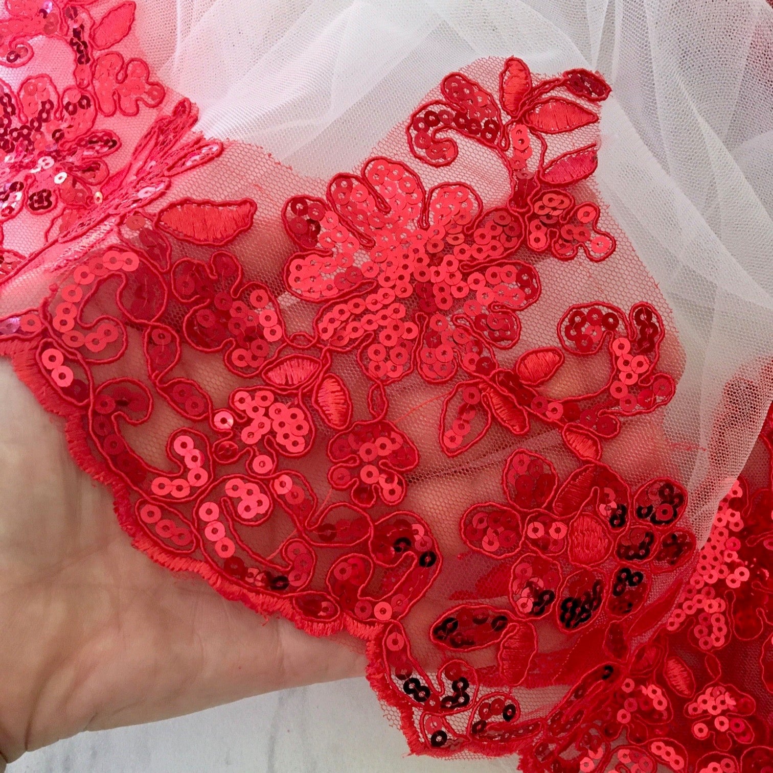 Felicity Red Lace Fingertip Length Bridal Veil - Elegant Wedding Accessory for Brides, Photos & Special Occasions