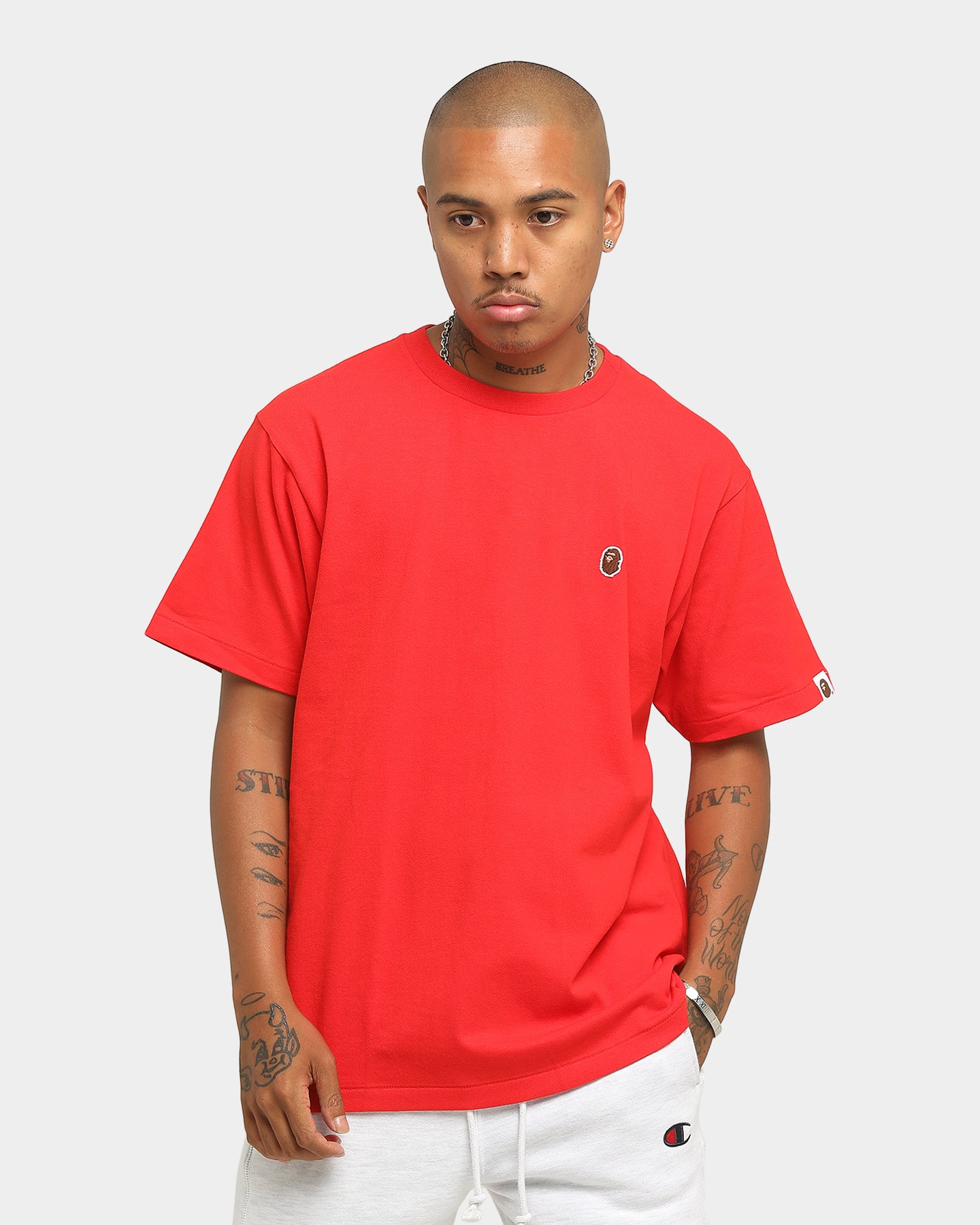 BAPE Men's Ape Head Logo Short Sleeve T-Shirt - Red Cotton Streetwear Tee for Casual Wear & Urban Fashion