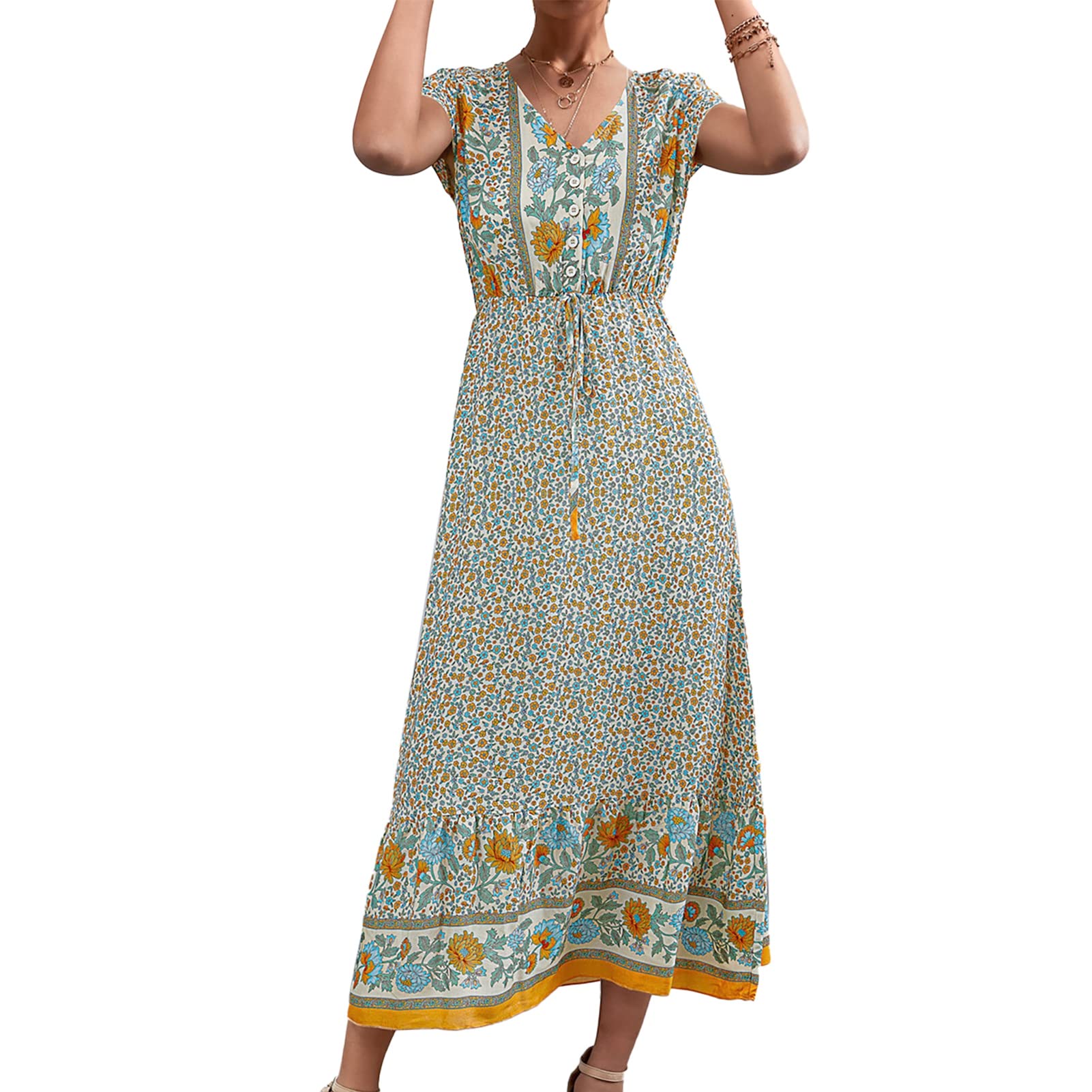 GOTOTOP Floral Print V-Neck Long Dress with Short/Long Sleeves - Elegant Button Decoration for Beach Vacation, Summer Outfits, and Casual Wear