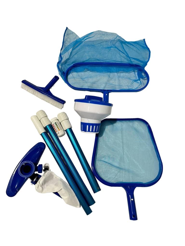 FibroPool Above Ground Swimming Pool Maintenance Kit - Telescoping Pole, Leaf Rake, Vacuum Head, Brush, Floating Chlorinator, Skimmer Net & Test Strips for Crystal Clear Water | Perfect for Backyard, Inflatable & Family Pools