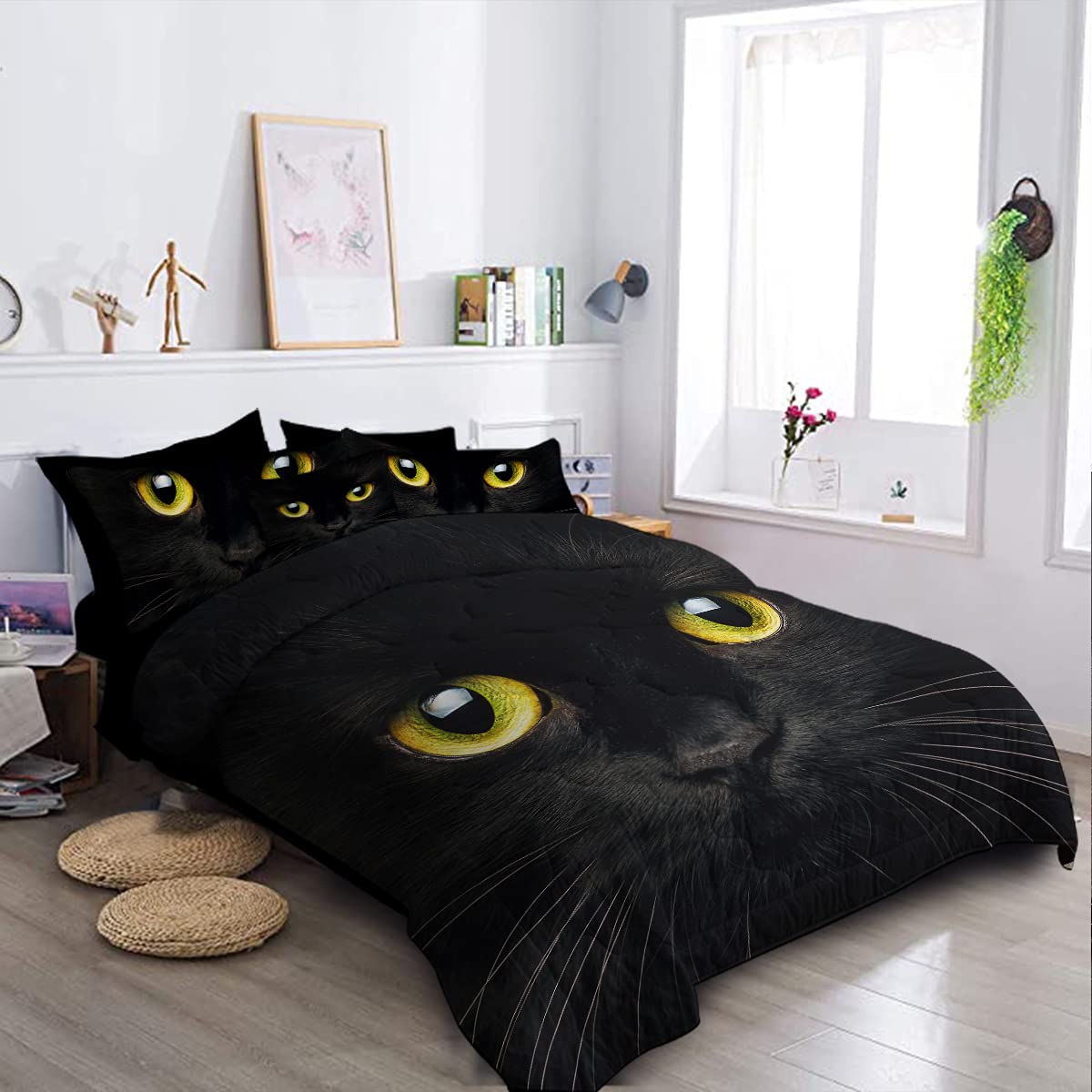 **BlessLiving 8-Piece Black Cat Comforter King Size Bedding Set - Cute Animal Print, Includes 1 Comforter, 2 Pillow Shams, 1 Flat Sheet, 1 Fitted Sheet, 1 Cushion Cover, 2 Pillowcases - Perfect for Kids, Boys & Girls Bedrooms, Themed Rooms, and Cozy Sleepovers**