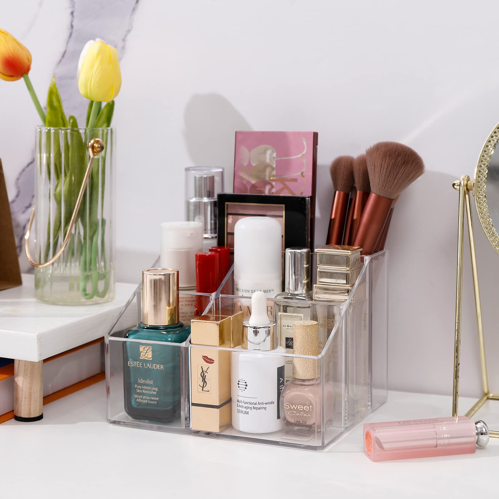Clear Makeup Organizer with 5 Compartments - Bathroom & Vanity Storage for Cosmetics, Brushes & Accessories
