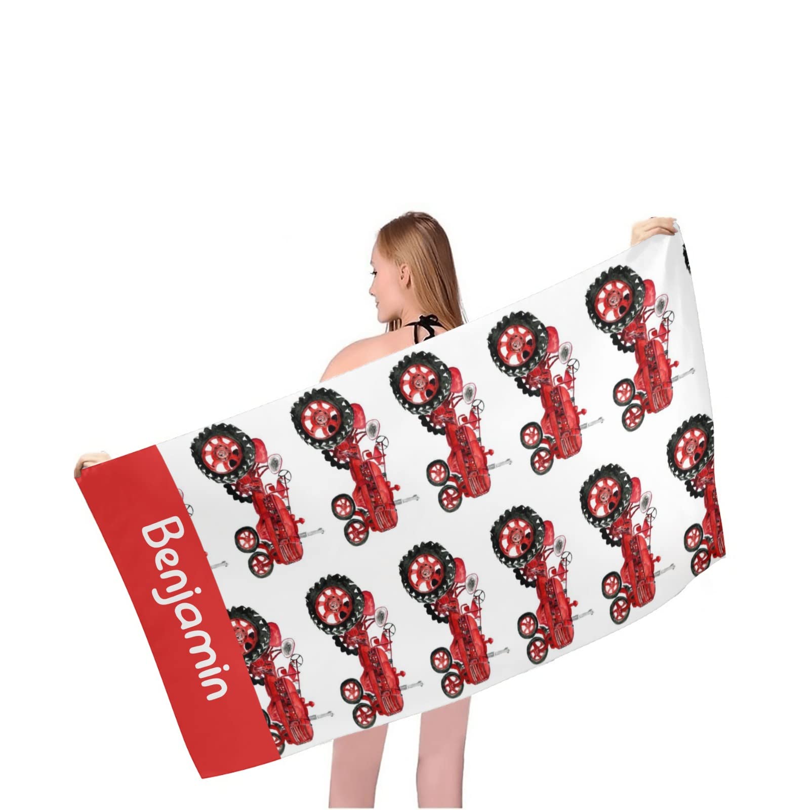 Custom Personalized Red Tractors Pattern Beach Towel 30x60 Inch - Large Soft Pool Towels with Name for Women, Men, Boys & Girls - Perfect for Beach, Pool, Picnic & Outdoor Activities