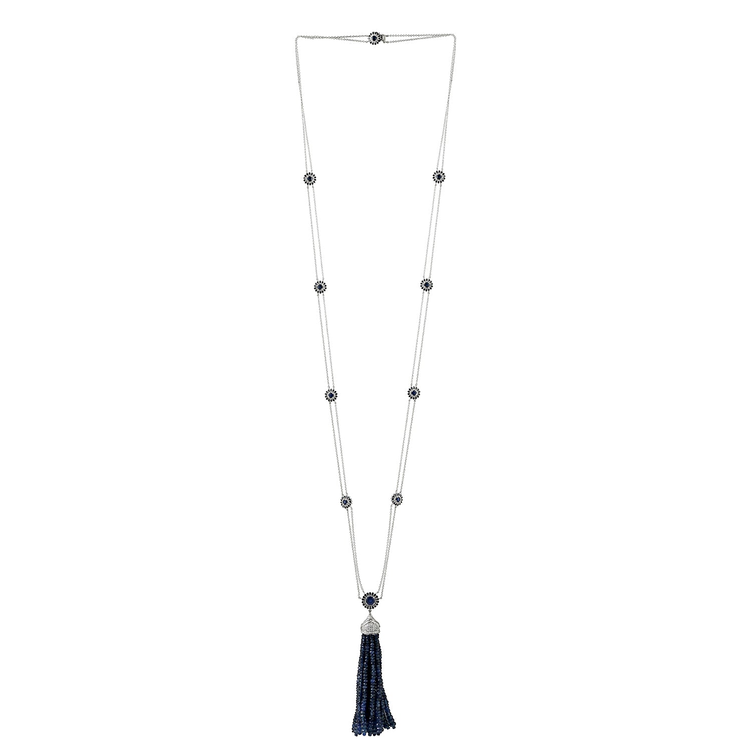 Faceted Blue Sapphire Beads with Pave Diamond Tassel Opera Necklace in 14K White Gold - Elegant Evening Wear & Special Occasion Jewelry