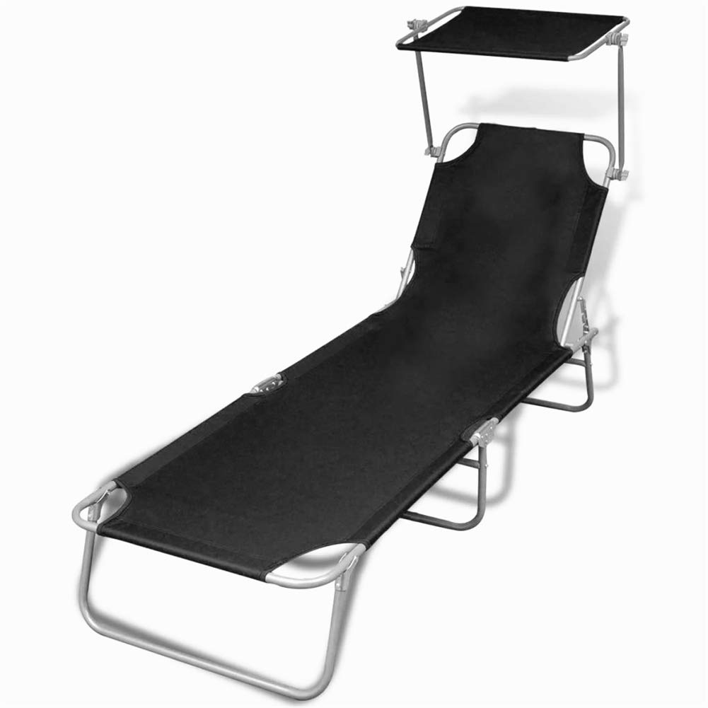 Folding Chaise Lounge Chair with Adjustable Canopy - Steel Frame & Durable Fabric - Outdoor Sunbathing & Poolside Relaxation (Black) - Perfect for Patio, Beach, and Backyard Use