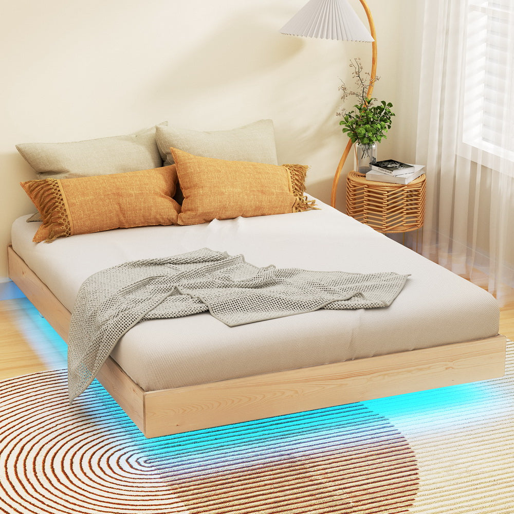 Odin Floating Style LED Pinewood Bed Frame & Bonita Pillow Top Medium Firm Mattress Set - Double Package | Modern Bedroom Furniture for Luxurious Sleep & Relaxation