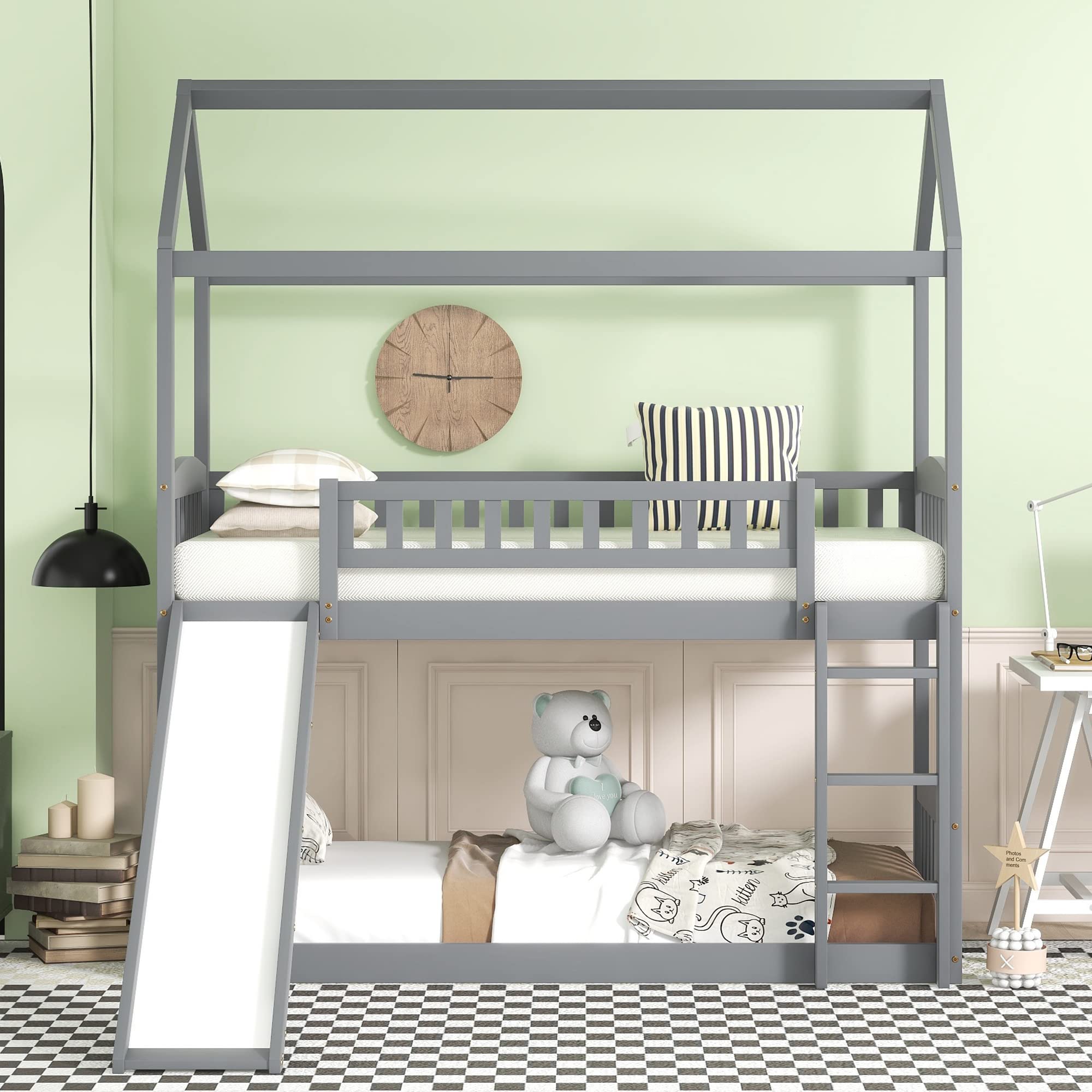 Kids Wooden Twin Over Twin Bunk Bed with Slide - Grey Space-Saving Loft Bed for Boys & Girls - Perfect for Small Bedrooms, Playrooms & Shared Kids' Rooms