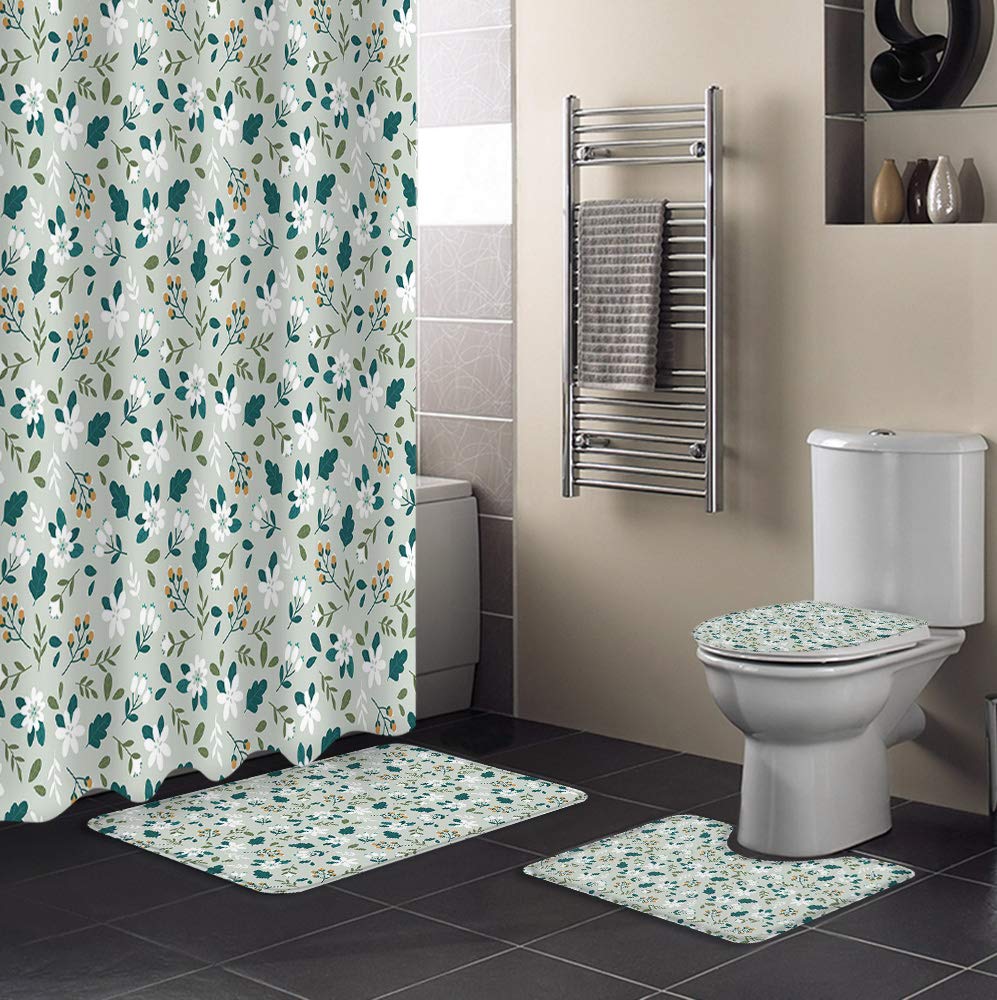 YEHO 4-Piece Bathroom Set - Non-Slip Floral Shower Curtain with Hooks, Bath Mat, Toilet Lid Cover & Rug (66