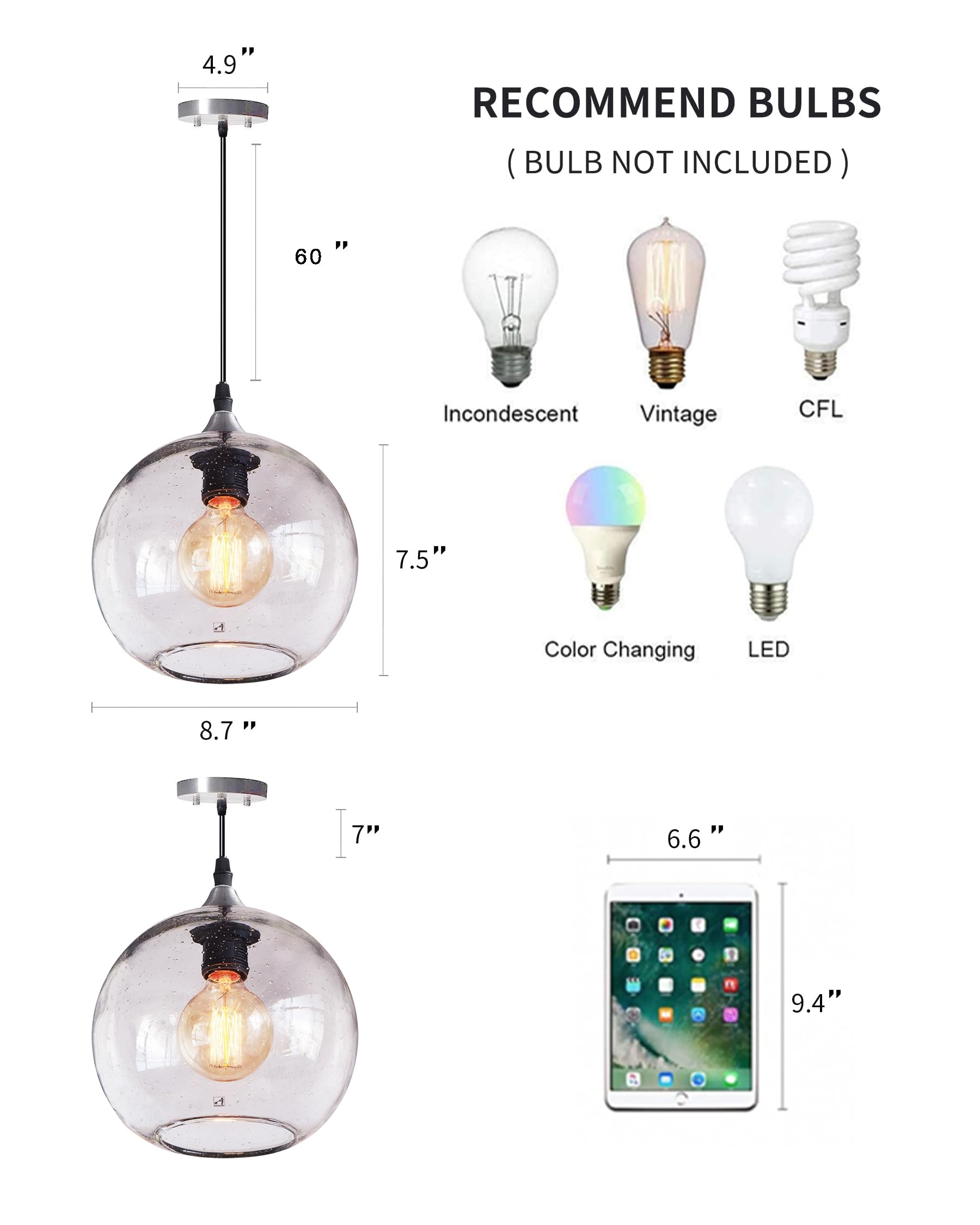 ARIAMOTION 2-Pack Modern Rustic Pendant Lights with Clear Seeded Glass - 8.7 Inch Diameter Hanging Fixtures for Kitchen Island, Dining Room, Bedroom & Bedside Lighting | Perfect for Farmhouse, Industrial & Contemporary Decor