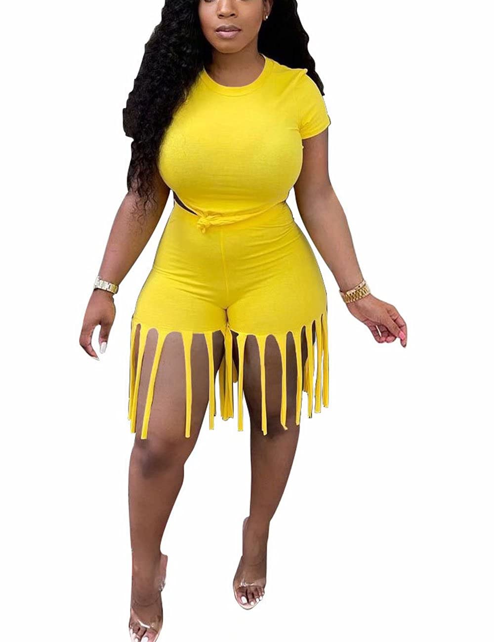 Bluewolfsea Women's Cute Two-Piece Outfit - Short Sleeve Shirt Top & Tassel Bodycon Shorts Tracksuit Set | Summer Casual Streetwear for Beach, Party & Vacation
