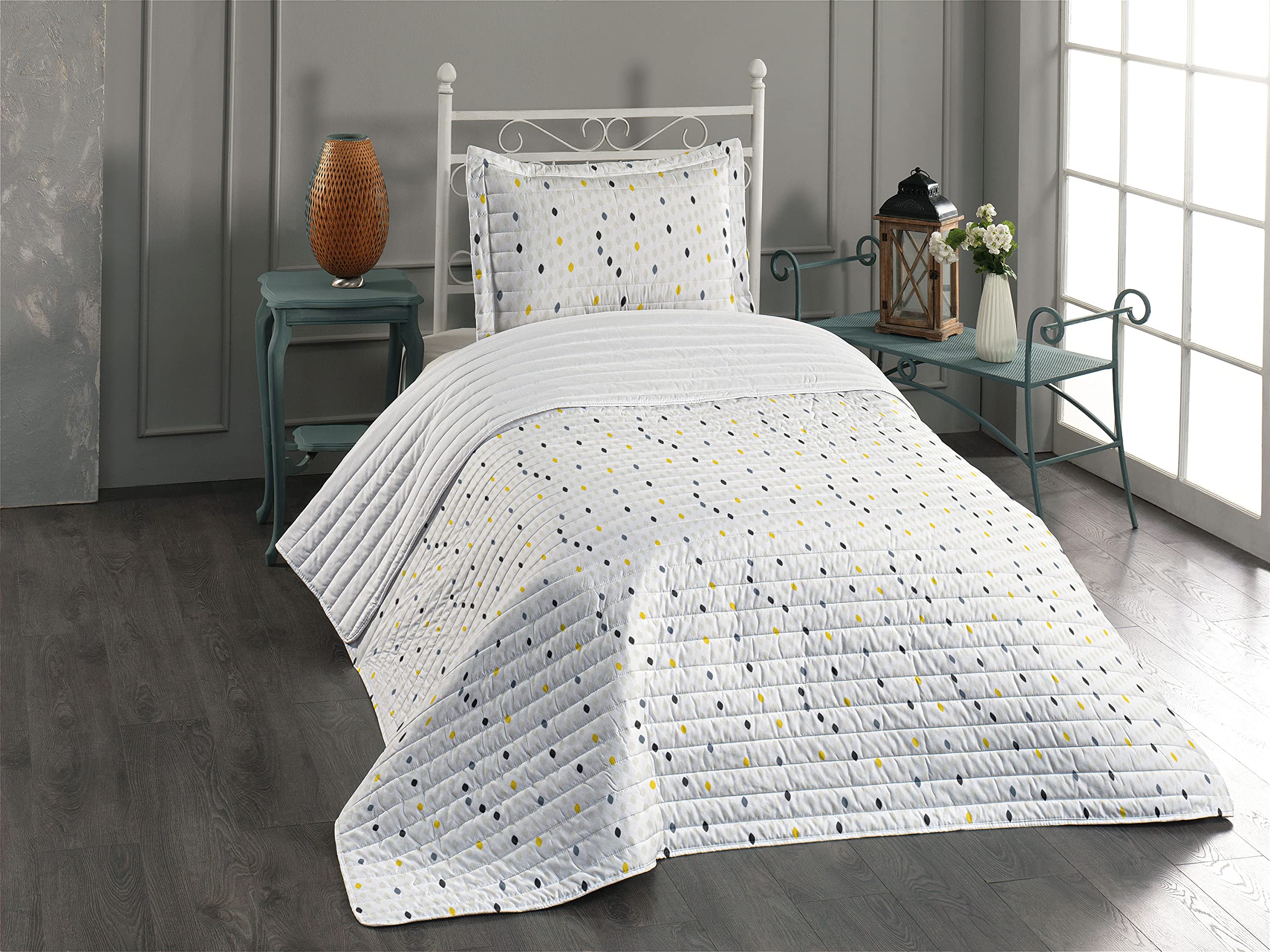 Ambesonne Modern Microfiber Bedspread Set - Geometric Polka Dot Tear Drop Pattern, Soft Twin Size Comforter with Pillow Sham in Yellow White Grey | Perfect for Contemporary Bedrooms & Guest Rooms