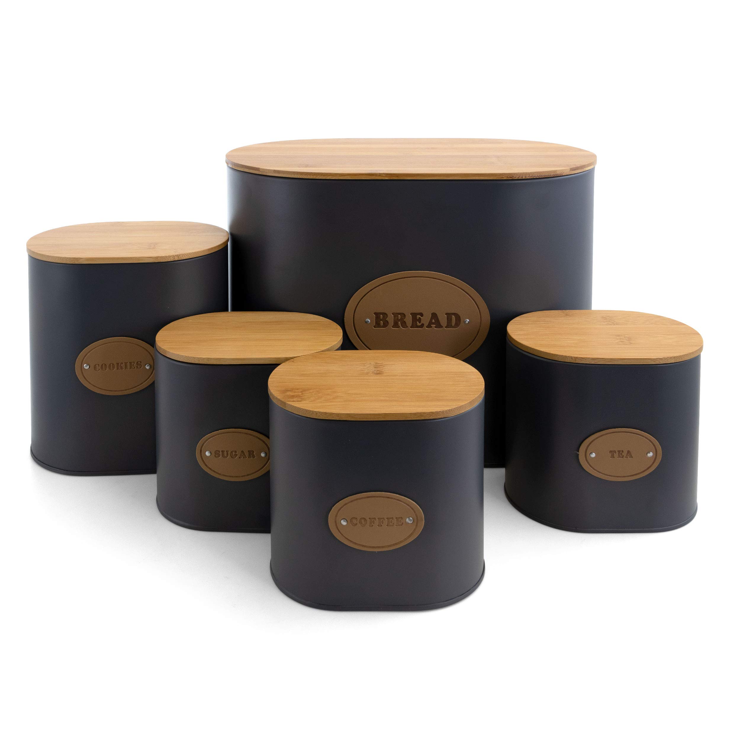 MegaChef 5-Piece Grey Kitchen Canister Set with Bamboo Lids - Airtight Food Storage Containers for Flour, Sugar, Coffee & Pantry Organization - Perfect for Modern Kitchens & Home Organization