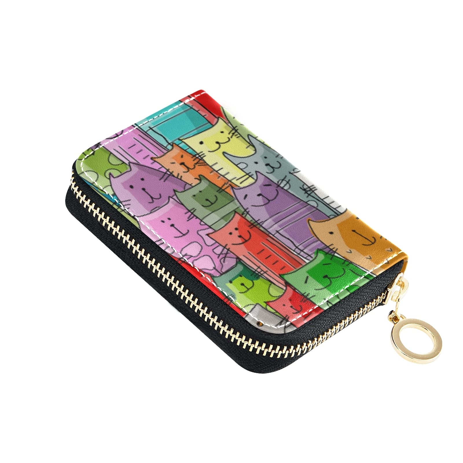 RFID Blocking Women's Leather Card Holder Wallet - Compact Zipper Purse for Credit Cards, Coins & Keys | Stylish Grey Cat Design | Perfect for Everyday Use, Travel & Gift Giving