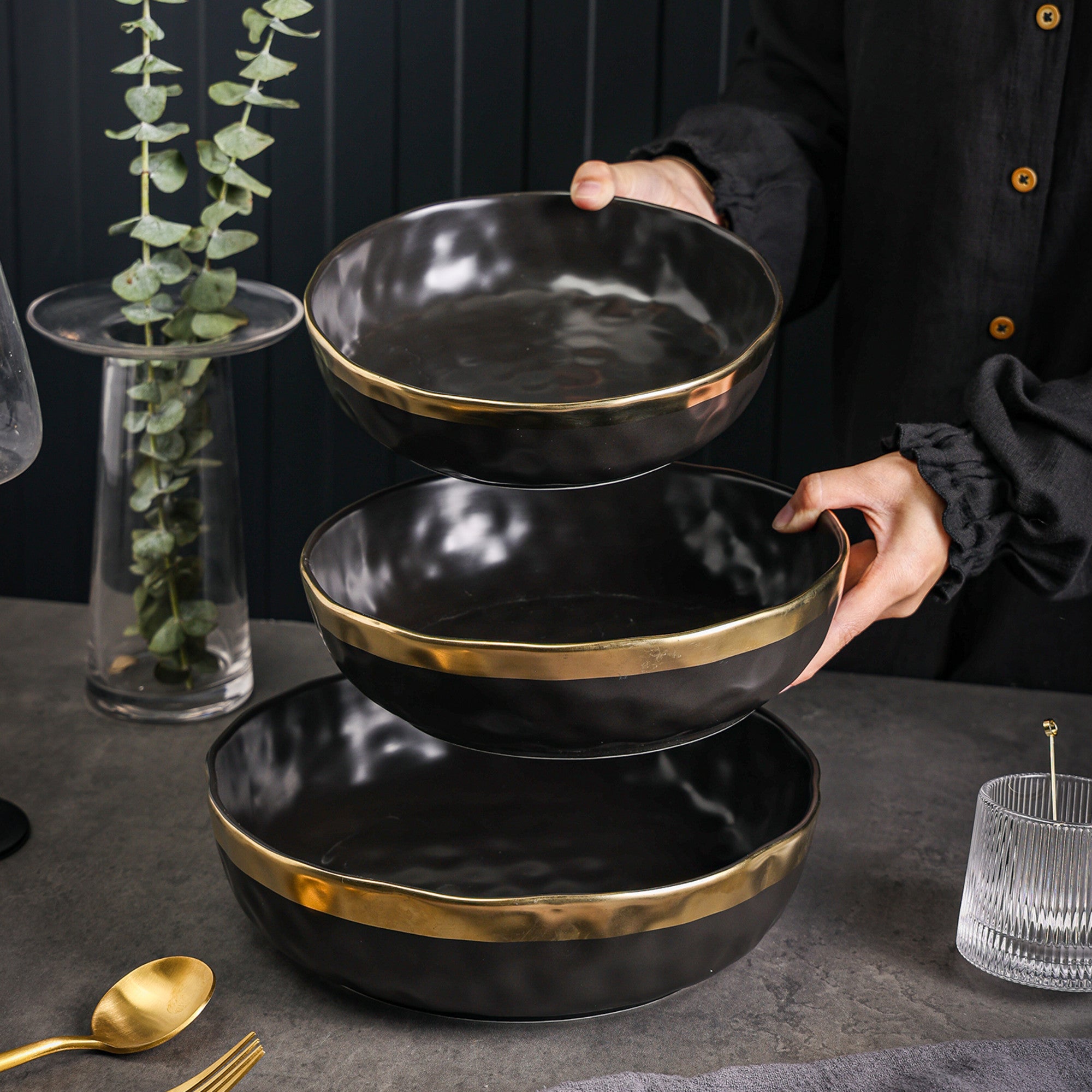 Florian Porcelain Dinner Bowl Set - 6-Piece Black Ceramic Bowls for Soup, Salad & Dessert | Elegant Tableware for Home Dining & Entertaining