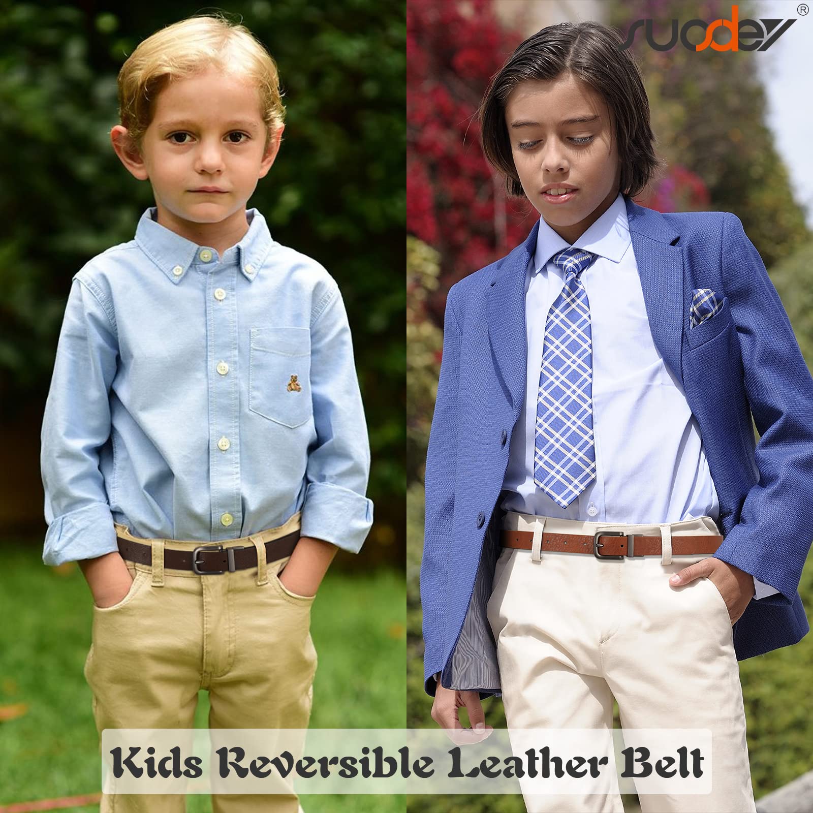 SUOSDEY Reversible Leather Belt for Boys - Adjustable Kids Belt for School Uniform, Jeans & Casual Wear - Classic Back to School Accessory for Children