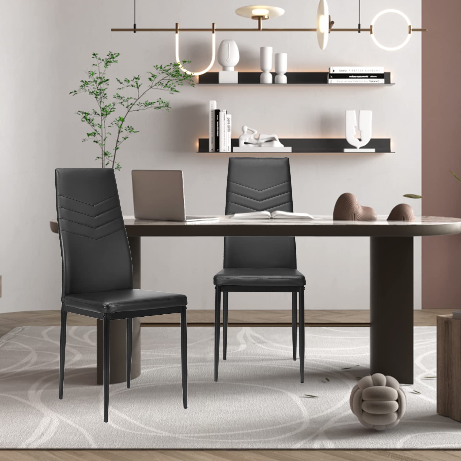 ERGOMASTER Modern Dining Chairs Set of 4 - Black PVC Upholstered Leather Padded Side Chairs with Sturdy Metal Legs & Non-Slip Feet for Dining Room, Kitchen, Living Room & Office