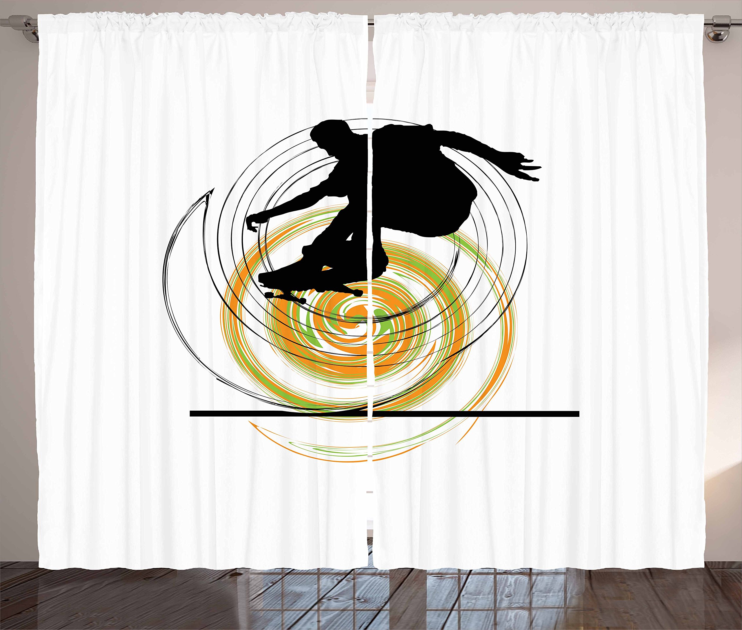 Ambesonne Youth Curtains - Black Skater Man Silhouette on Hand-Drawn Spiral Design, 2-Panel Set for Living Room & Bedroom, 108