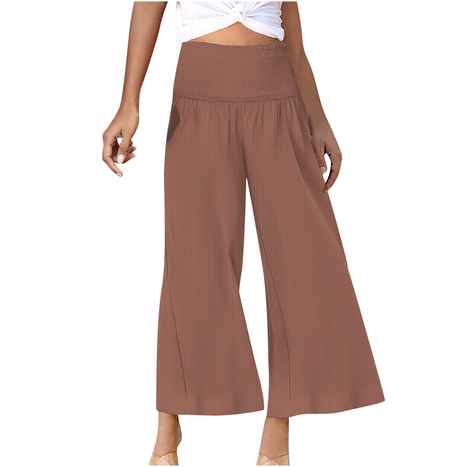 LCZIWO Women's Linen Pants - High Waist Wide Leg Palazzo Trousers for Beach & Casual Wear