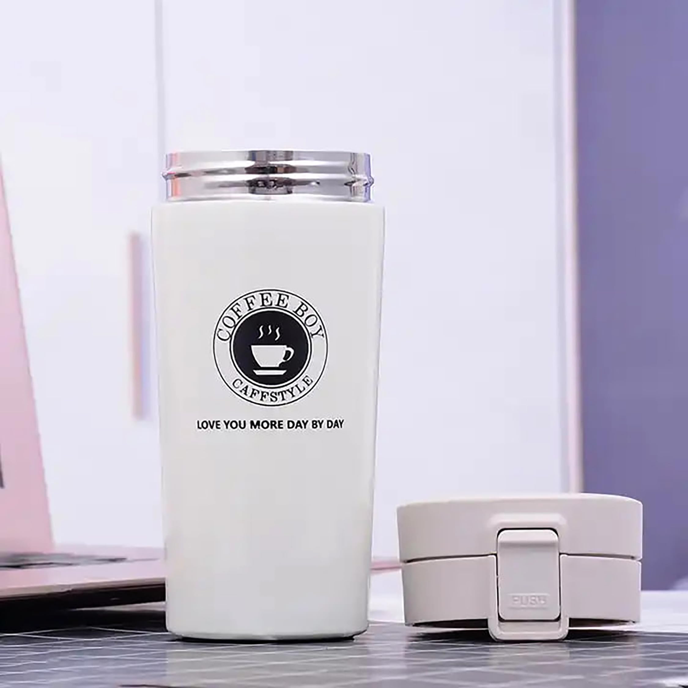 Premium Stainless Steel Vacuum Insulated Coffee Travel Mug - 380ml Leakproof Flip Lid Tumbler for Hot & Cold Beverages, Keeps Coffee & Tea Warm for Hours - Perfect for Travel, Office, School, Camping & Commuting (White)