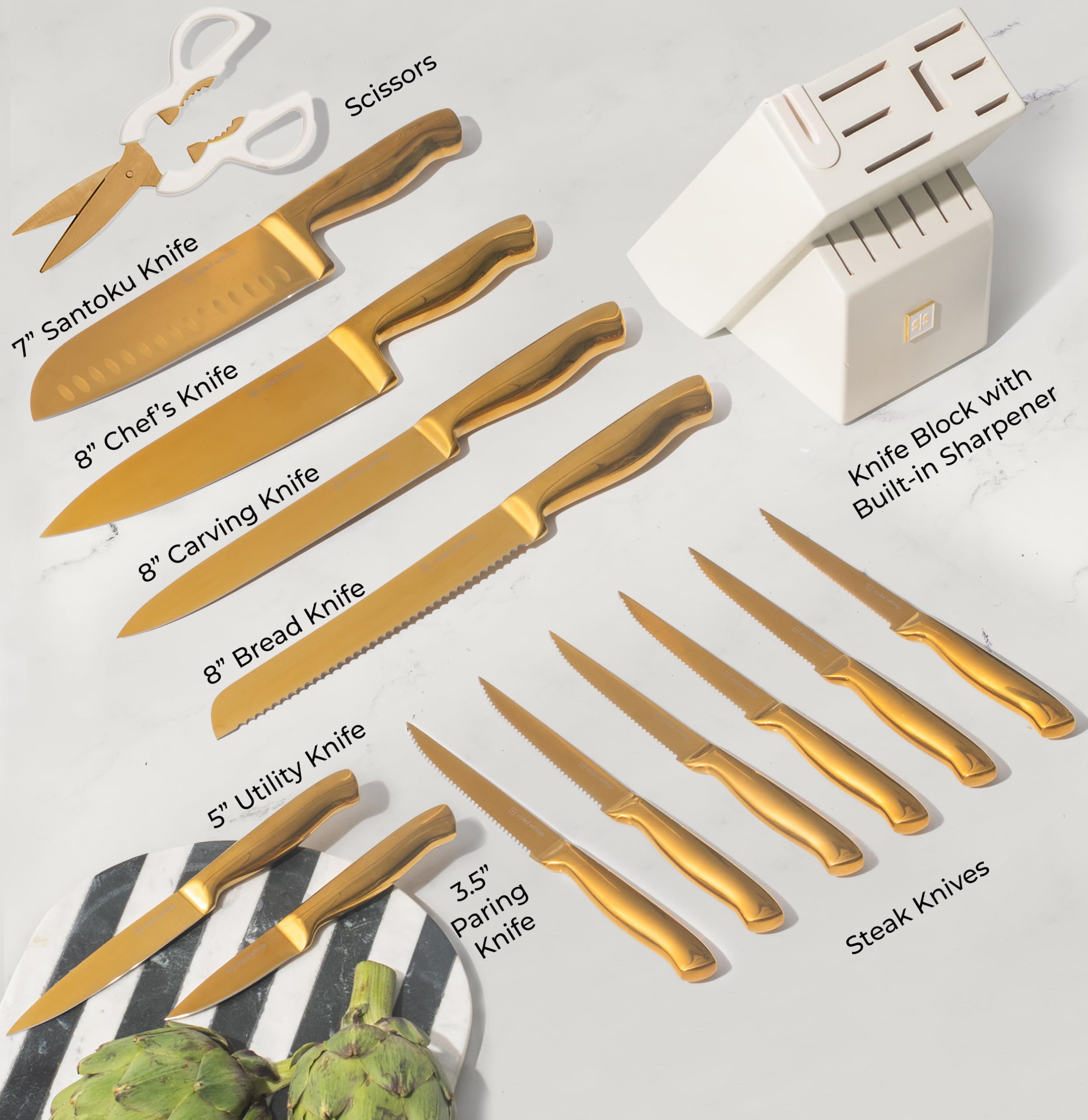 Premium 14-Piece White & Gold Knife Set with Block - Full Tang Kitchen Knives & Built-In Sharpener - Luxury Gold Kitchen Decor for Cooking, Entertaining & Gift Giving