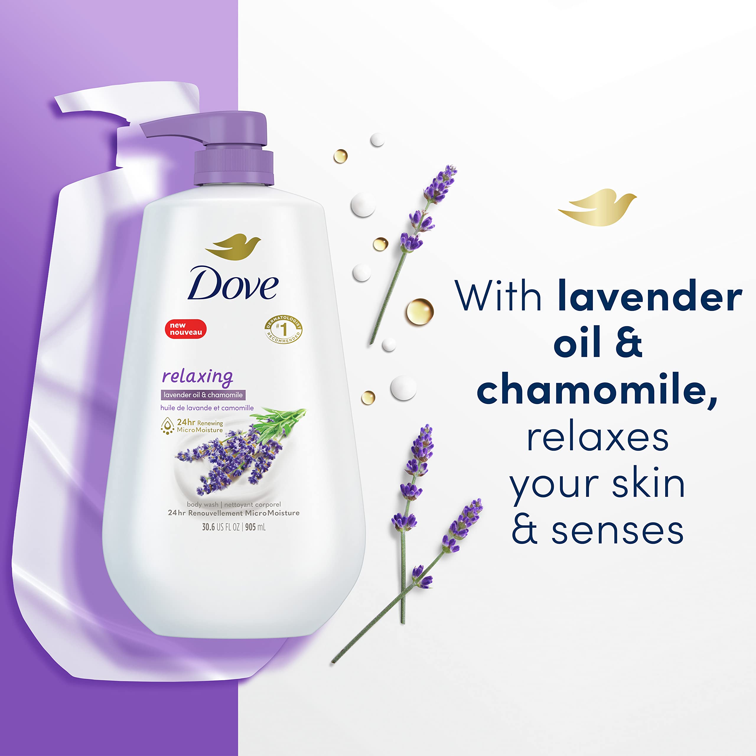 Dove Body Wash with Pump - Relaxing Lavender Oil & Chamomile (3 Pack) | Deep Moisture for Dry Skin | 24hr Hydrating Skin Cleanser | For Renewed, Healthy-Looking Skin | Perfect for Daily Shower & Spa Relaxation at Home