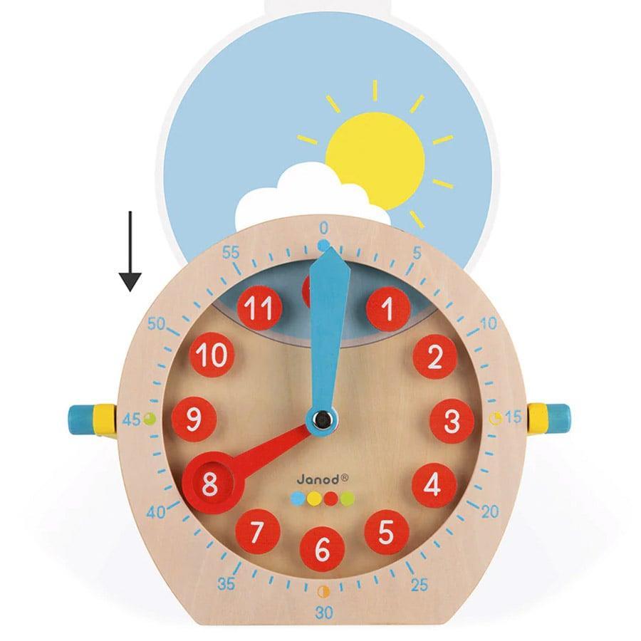 Janod Learn to Tell Time Wooden Clock Toy - Bilingual English & French Educational Montessori Toy for Kids - Perfect for Classroom, Homeschool & Preschool Learning Activities