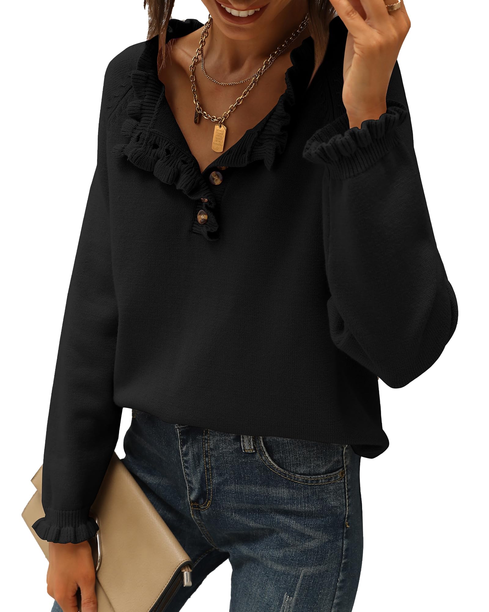 BTFBM Women's Knitted Sweater Long Sleeve Button Down Ruffle Crew Neck Pullover Top for Fall Winter 2025 | Casual Office Wear & Cozy Home Outfit