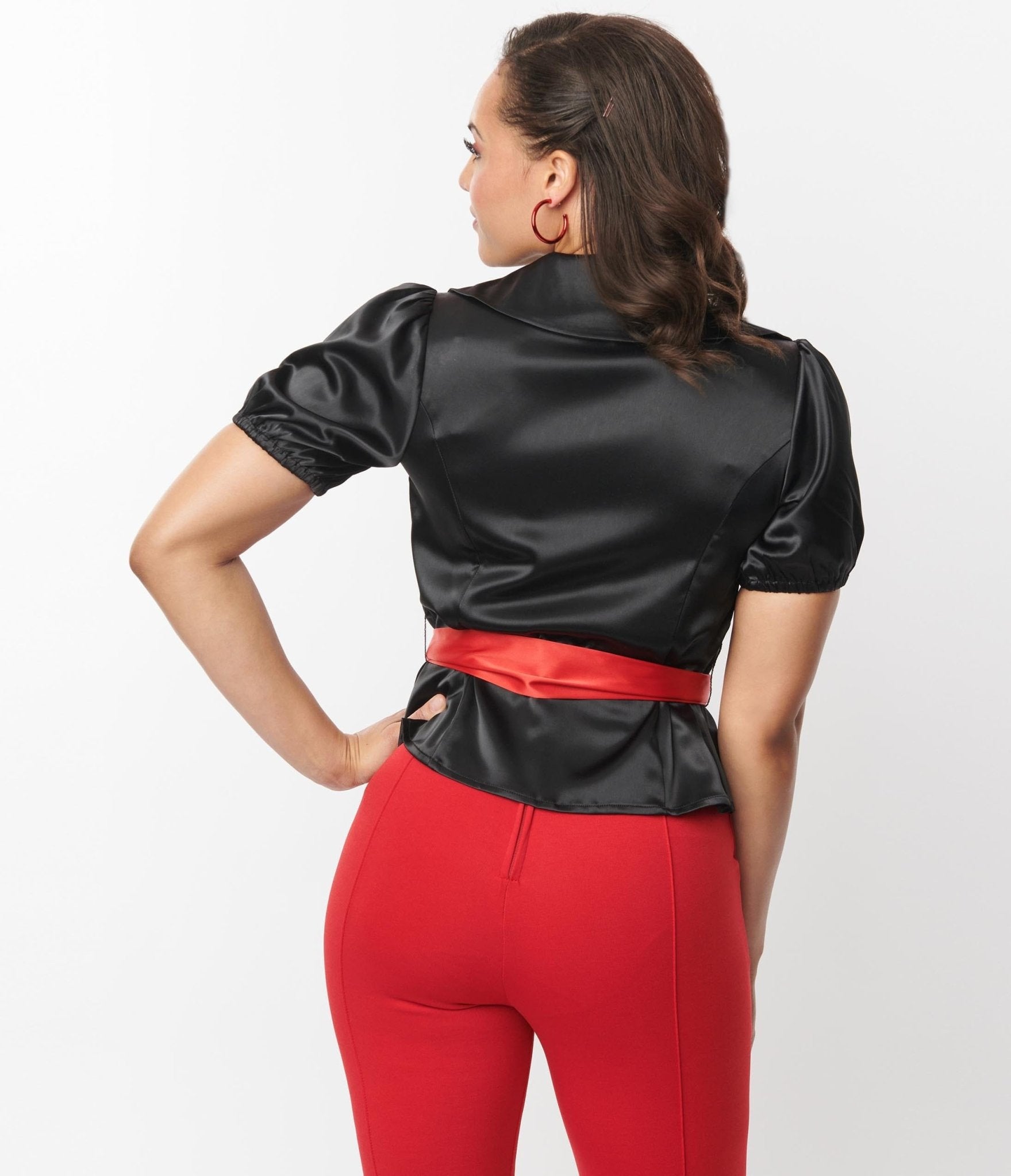 Vintage Black & Red Lock & Key Sashed Blouse - Unique Retro Women's Top for Date Night & Special Occasions