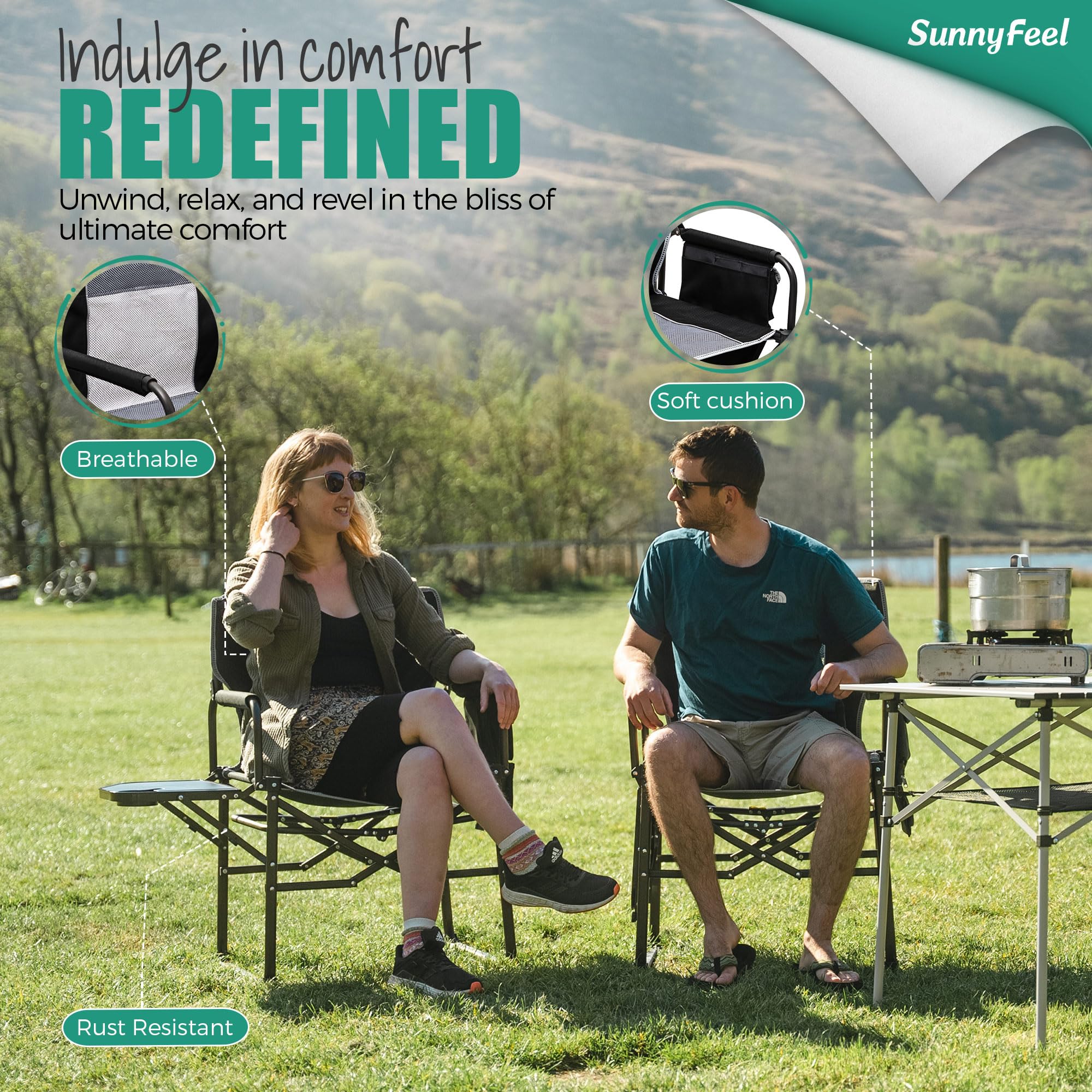 **SUNNYFEEL Oversized Heavy Duty Camping Chair – 500 LB Capacity, Portable Folding Director's Chair with Side Table & Storage Pocket – Perfect for Beach, Fishing, Picnic, Lawn, Concert & Outdoor Adventures**