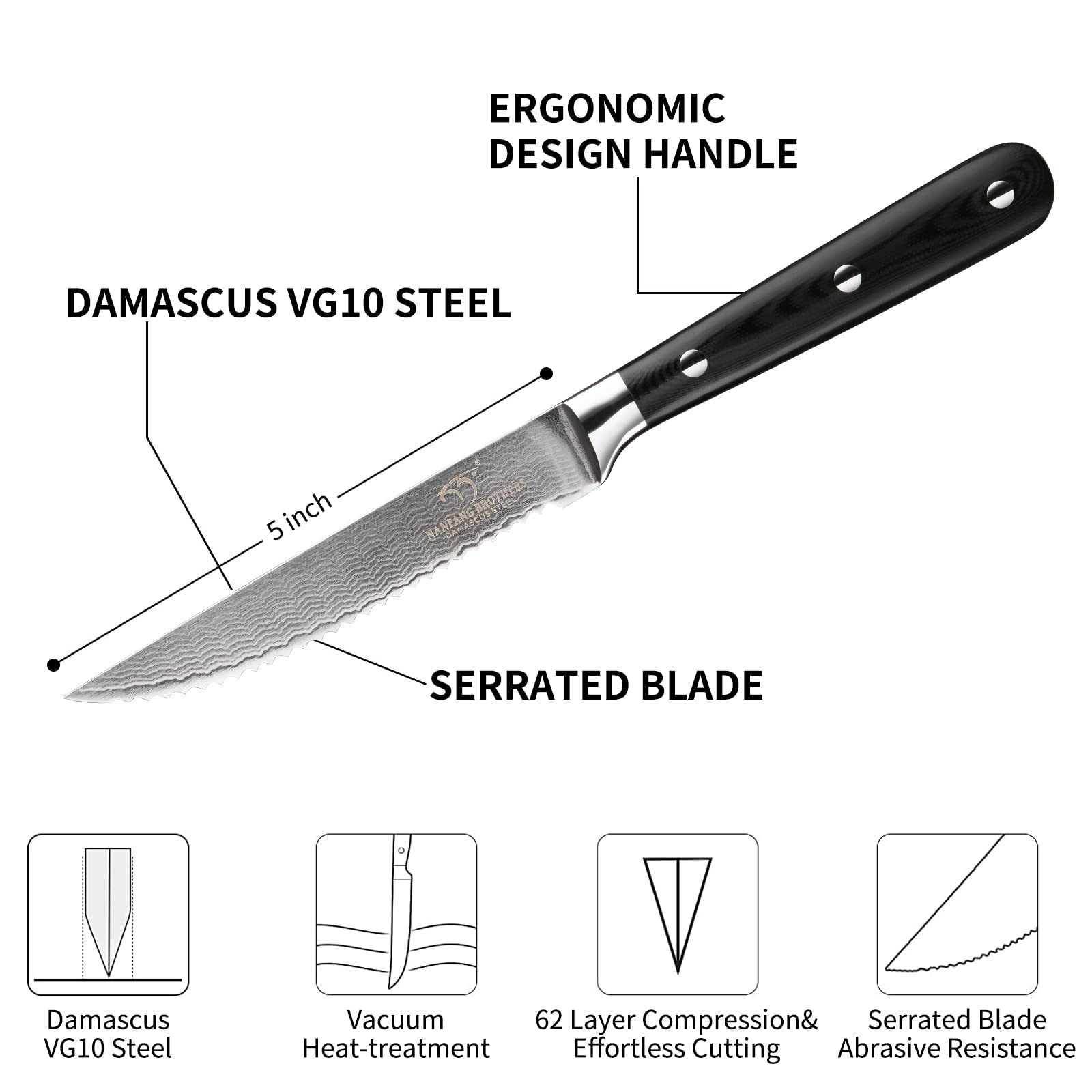 Premium Damascus Steel Serrated Steak Knife Set - 6 Pack with Wooden Gift Box | 5