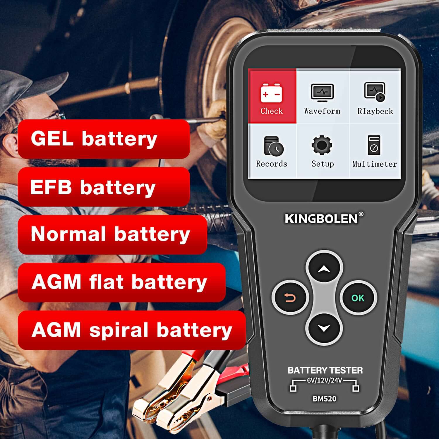 KINGBOLEN® BM520 6V 12V 24V Car Battery Tester - Digital Automotive Battery Analyzer for Cars, Trucks & Motorcycles - Perfect for Home Mechanics & Auto Shops