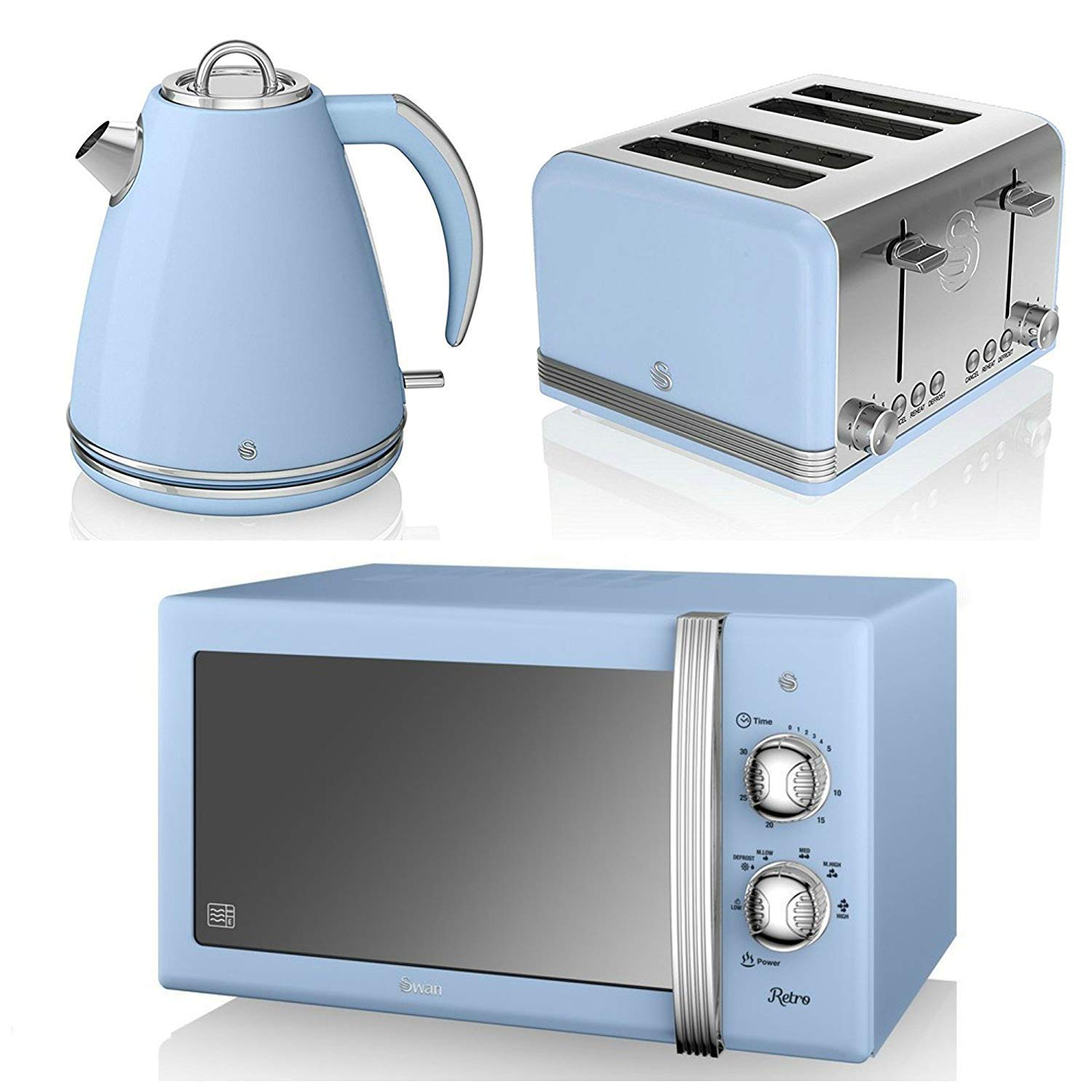 Vintage Blue Swan Kitchen Appliance Set - 20L Manual Microwave, 1.5L Jug Kettle & 4-Slice Toaster | Retro Style Small Appliances for Cozy Home, Dorm Room & Coffee Shop Decor