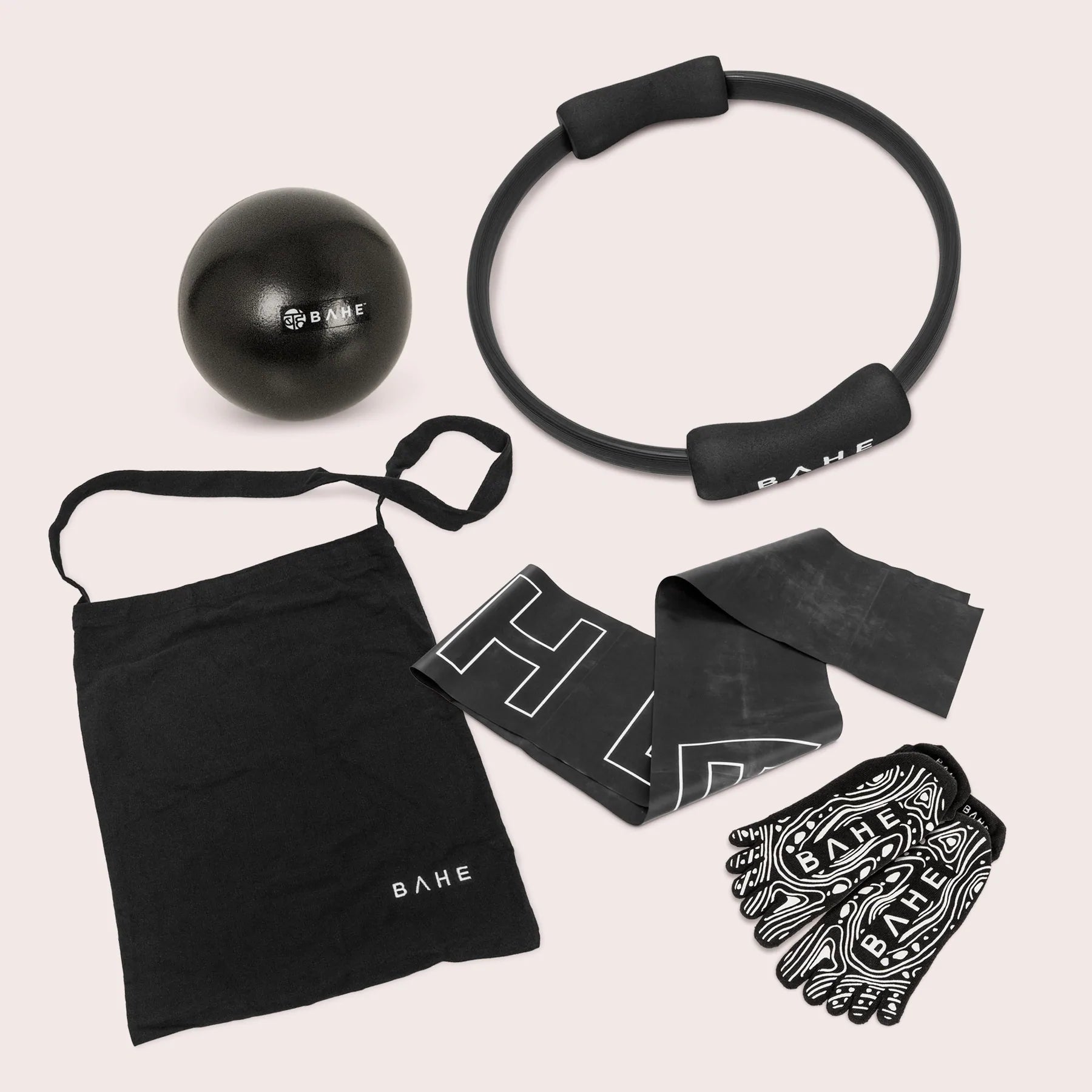 BAHE Pilates Essentials Set - Yoga Ring, Non-Slip Socks, Exercise Ball & Tote Bag (Black/White) for Home Workouts & Studio Fitness Training