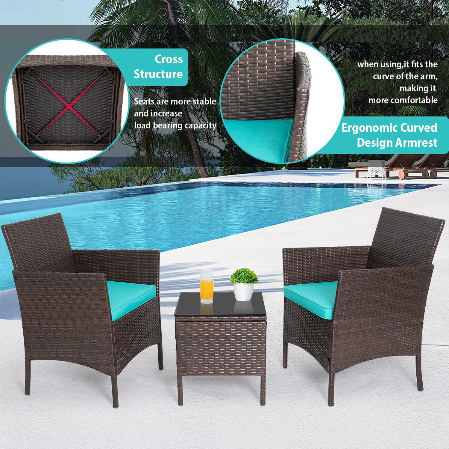 PayLessHere 3-Piece Outdoor Wicker Bistro Set - 2 PE Rattan Chairs with Cushions & Coffee Table - Patio, Garden, Porch Furniture for Backyard, Poolside & Balcony (Blue)