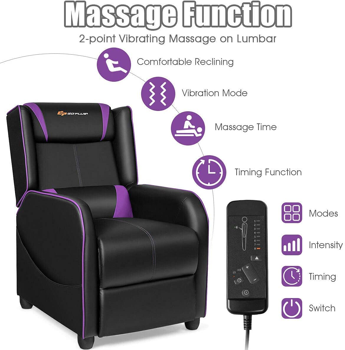 Premium Massage Gaming Recliner Chair with Lumbar Support - Adjustable PU Leather Recliner Sofa with Footrest & Remote Control - Ergonomic Office & Video Game Chair for Relaxation & Entertainment (Purple) - Perfect for Home Theater, Gaming Setup & Living Room Lounging