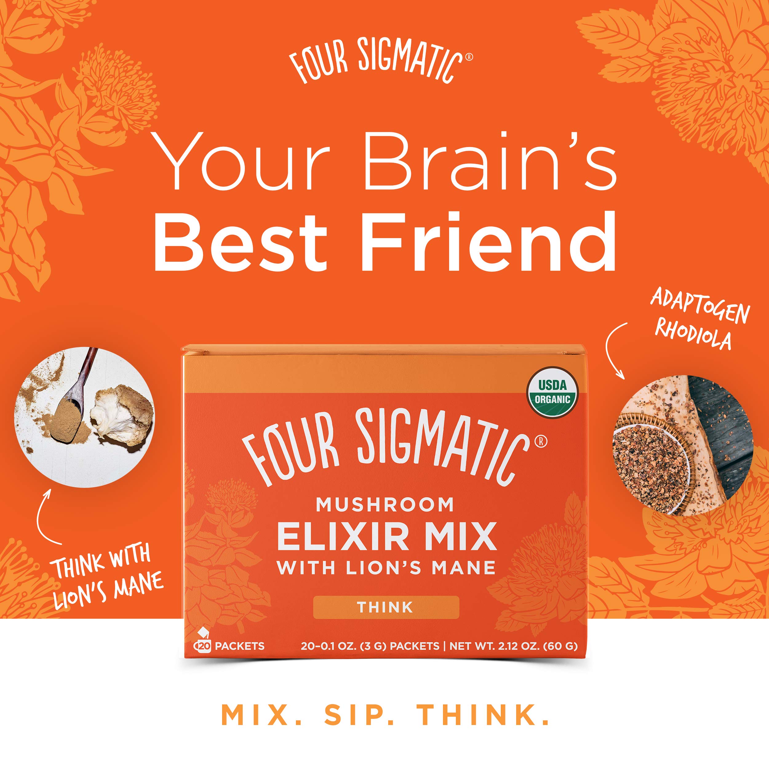 Four Sigmatic Organic Lion's Mane Mushroom Coffee Powder - Brain Boosting Mushroom Elixir for Focus & Memory - Perfect for Morning Energy & Work Productivity