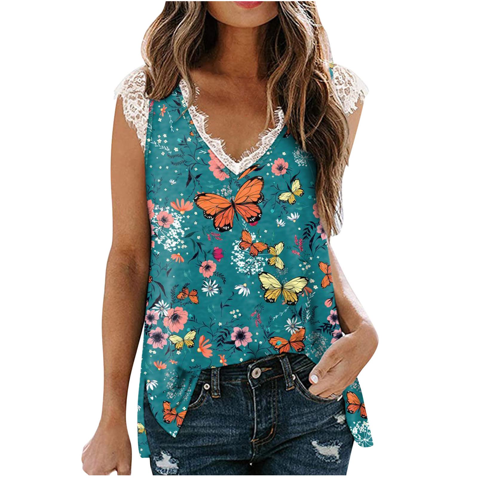 FAVIPT Women's Lace Trim Cami Top - Trendy V-Neck Sleeveless Summer Tank Top with Butterfly Design, Boho Beach Vest for Casual Wear, Date Night & Vacation Outfits