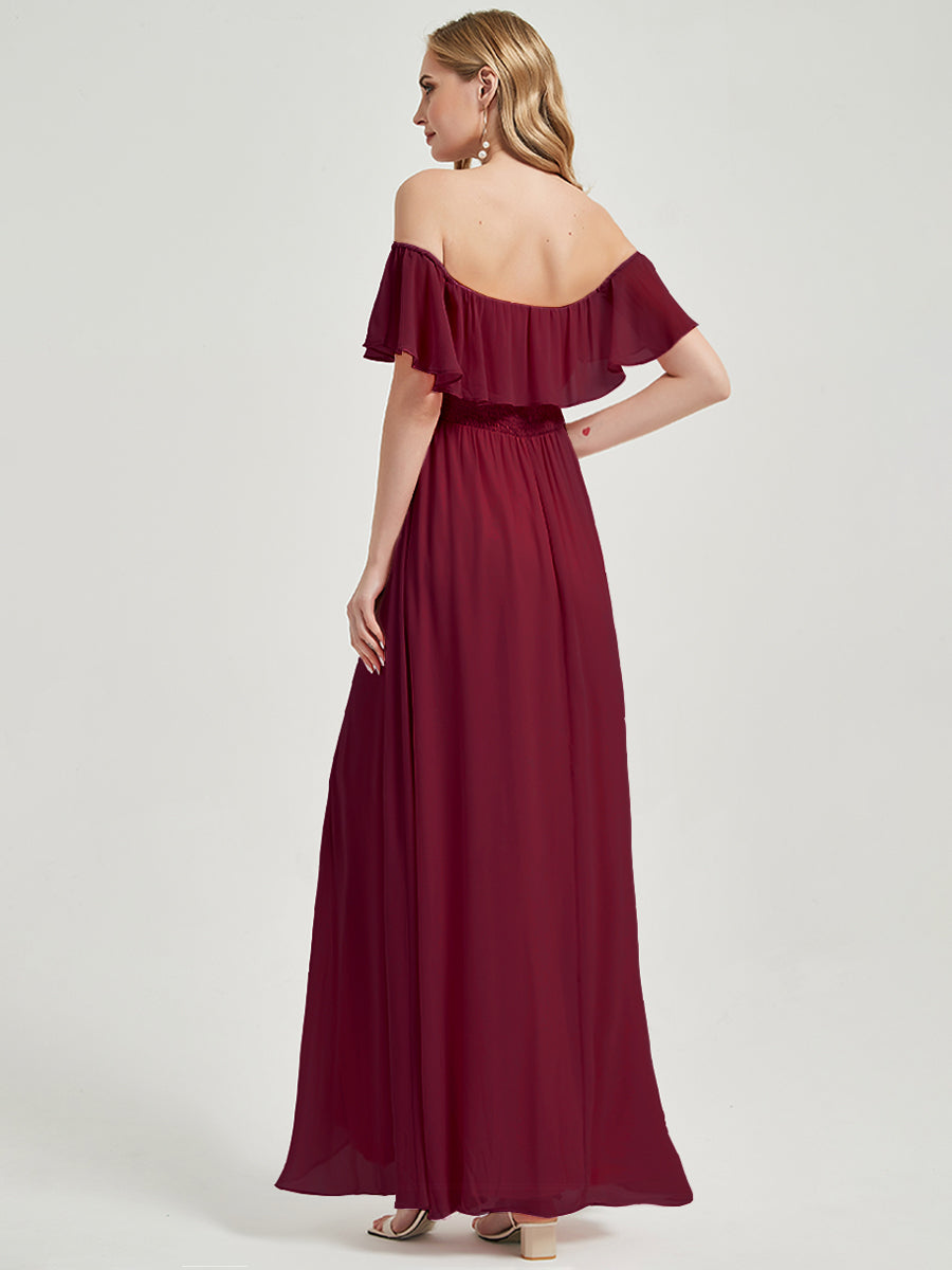 Elegant Burgundy Convertible Off-Shoulder Slit Chiffon Bridesmaid Maxi Dress - Perfect for Weddings, Parties & Formal Events