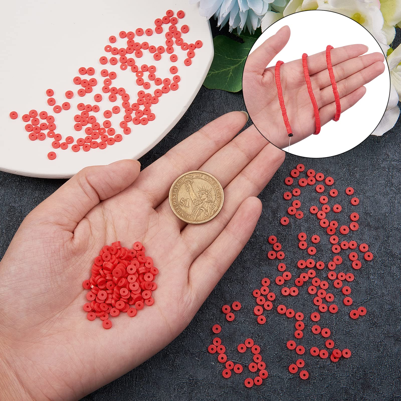 BEEFLYING 3800pcs 4mm Flat Round Polymer Clay Heishi Beads - Red Spacer Beads for DIY Jewelry Making, Bracelets, Necklaces & Earrings - Perfect for Crafting, Gifts and Boho Style Accessories